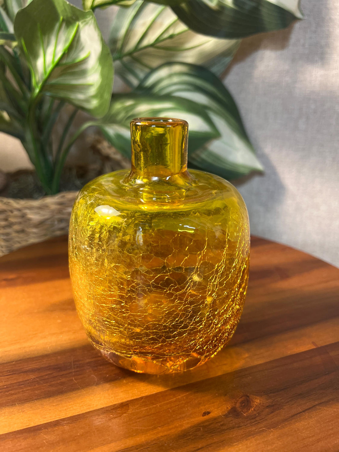 Blenko yellow crackle glass vase, design 6424 by Joel Myers, mid-century hand-blown art glass