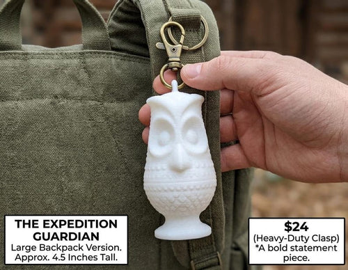 Owl keychain on backpack - The Expedition Guardian