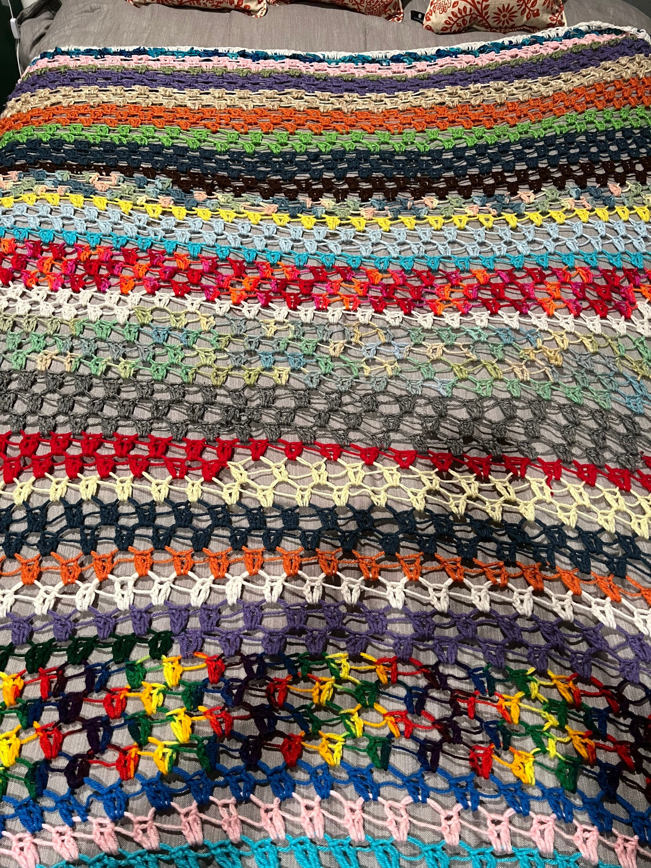 Vintage Crochet Multi Color Rainbow Blanket Afghan Throw Lap Cover Handmade