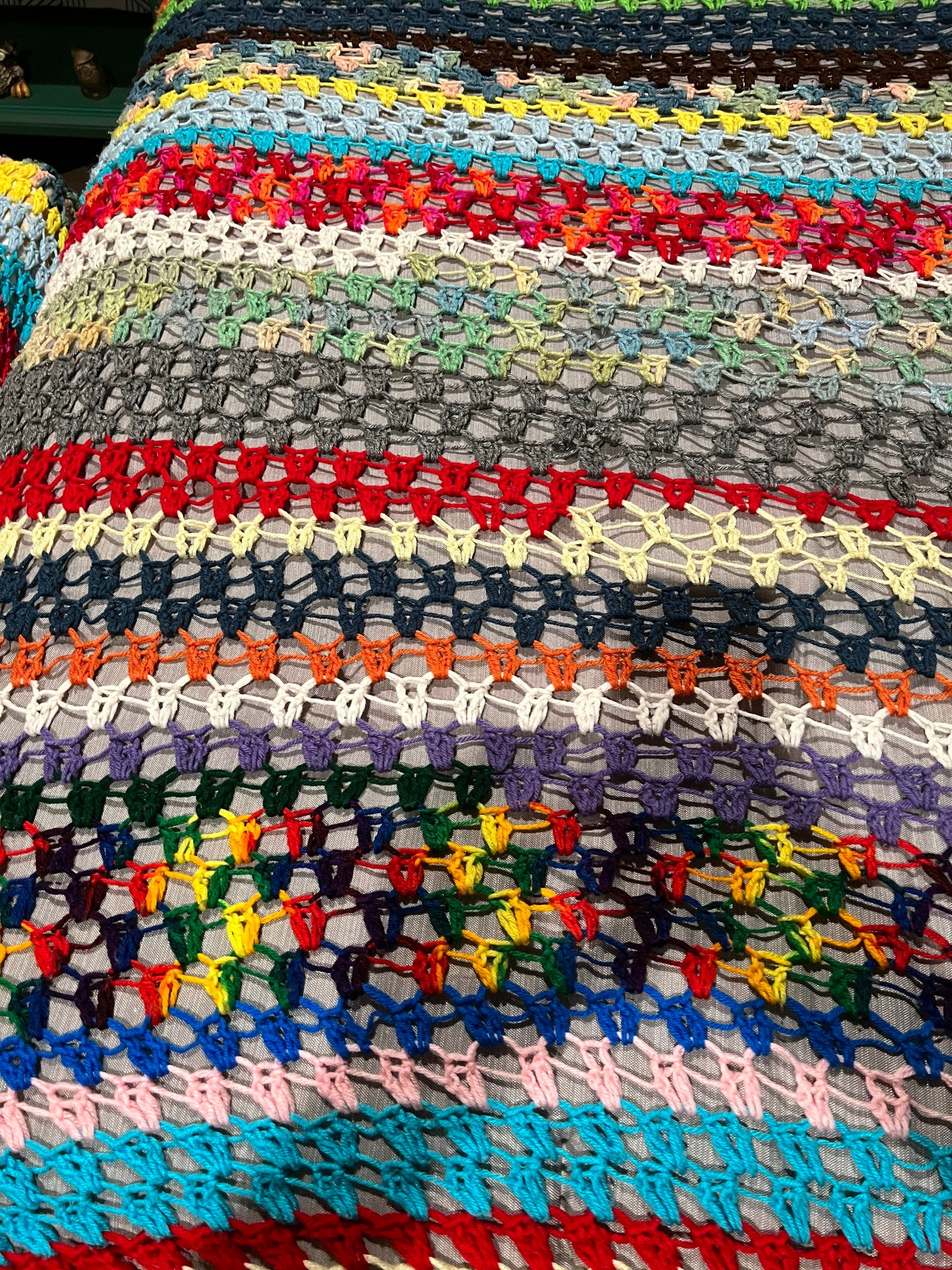 Vintage Crochet Multi Color Rainbow Blanket Afghan Throw Lap Cover Handmade