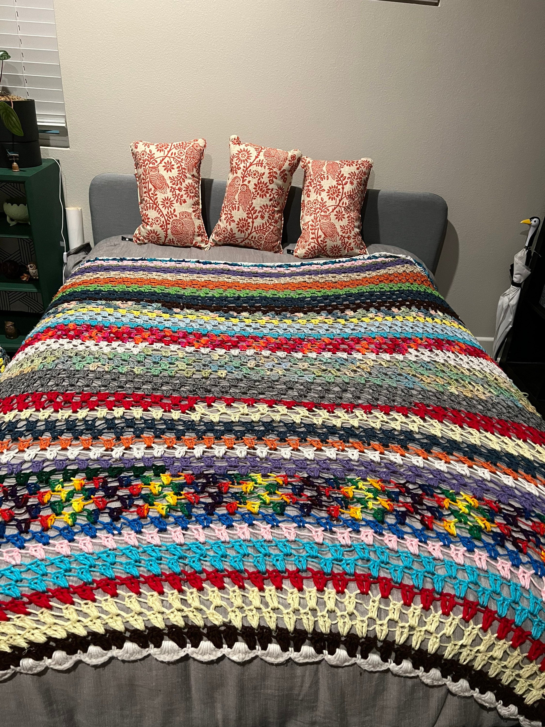Vintage Crochet Multi Color Rainbow Blanket Afghan Throw Lap Cover Handmade