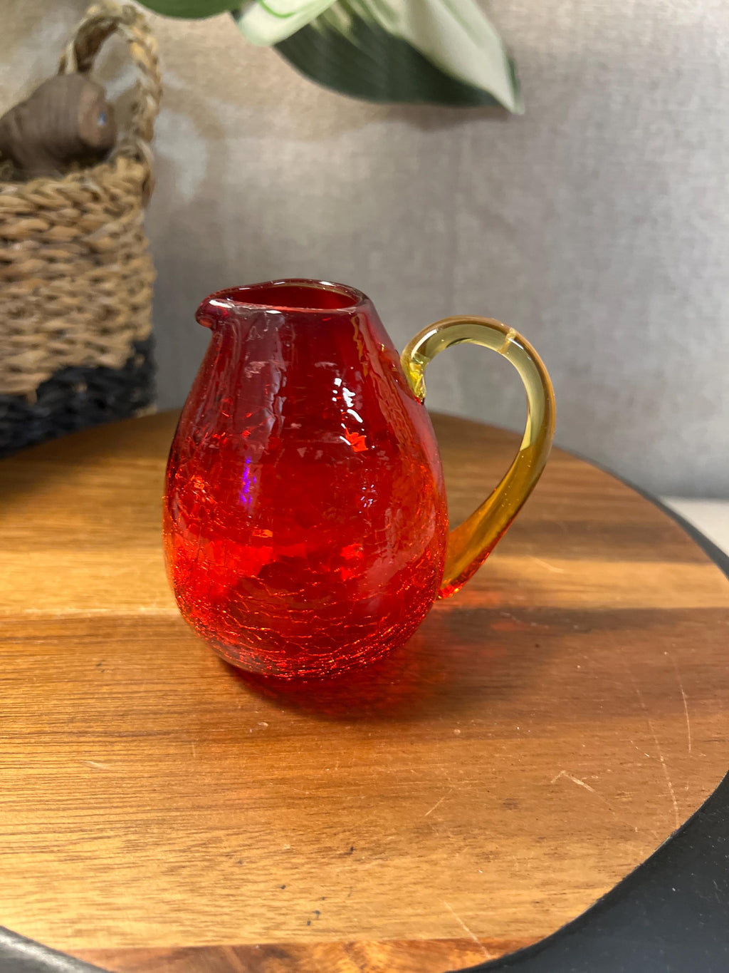 Amberina crackle glass pitcher glows with UV