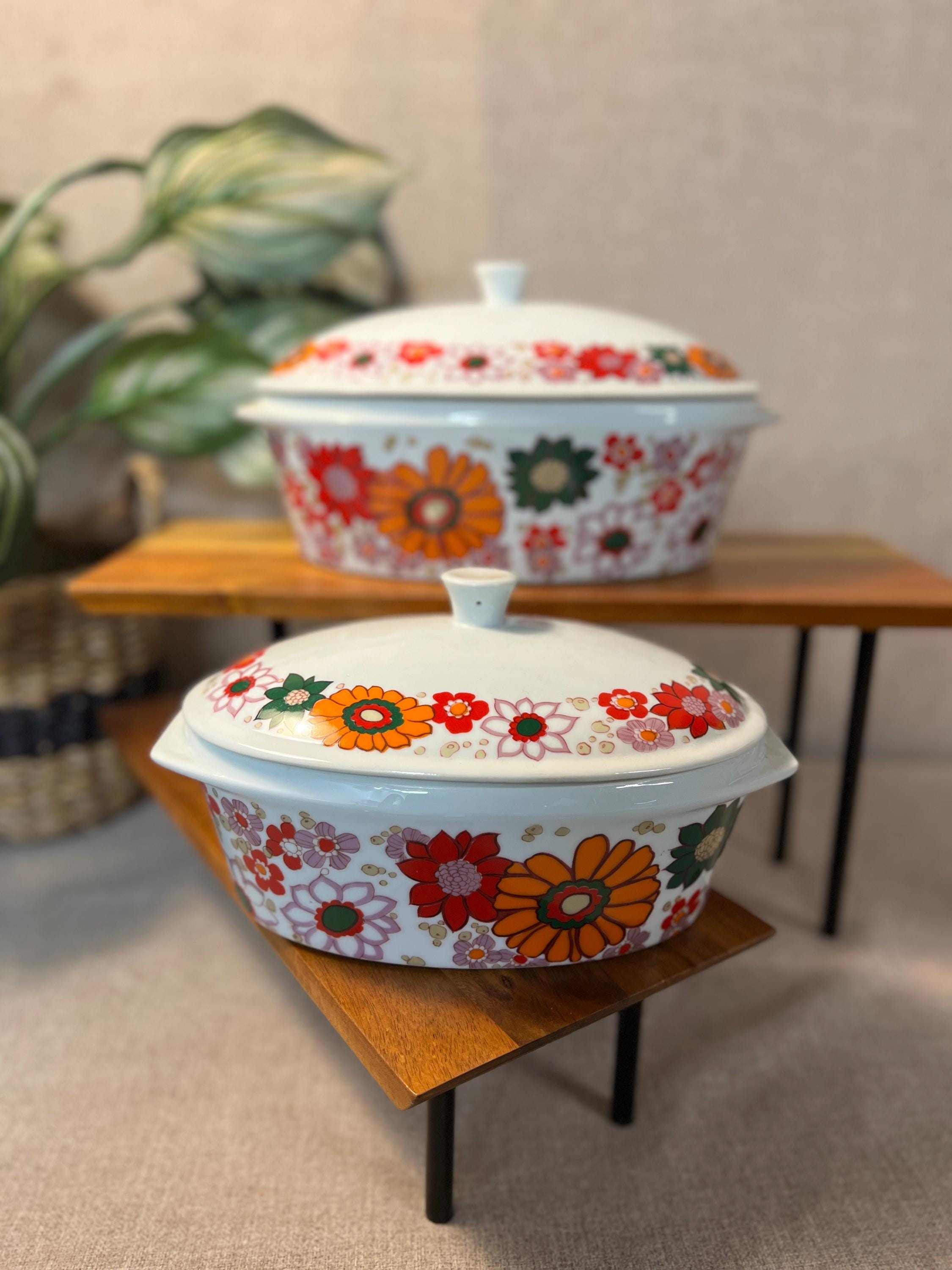 Vintage REAL Brazil Calorama Porcelain Baking Casserole Dish Multicolor Flowers 2 Dishes with lids