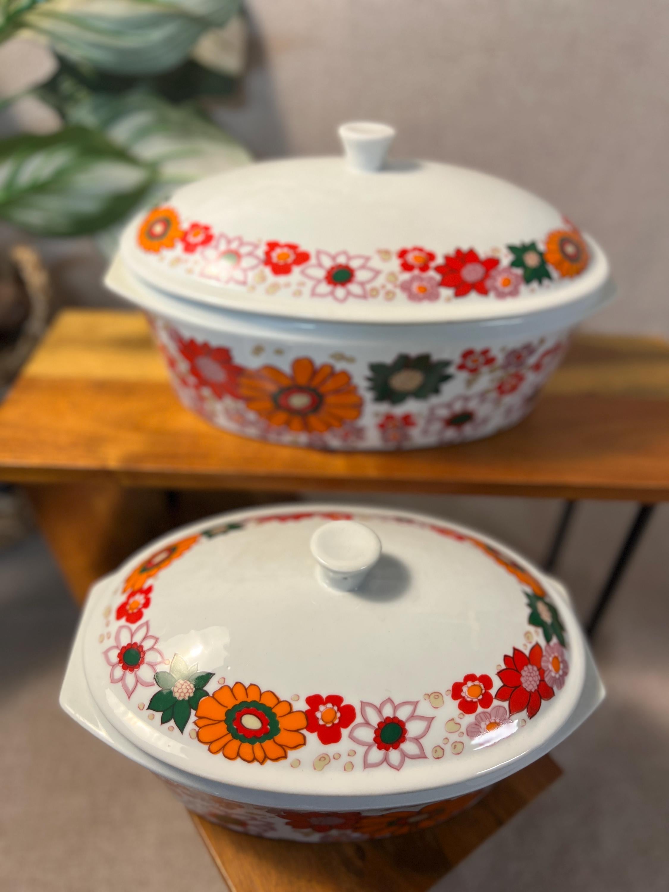 Vintage REAL Brazil Calorama Porcelain Baking Casserole Dish Multicolor Flowers 2 Dishes with lids