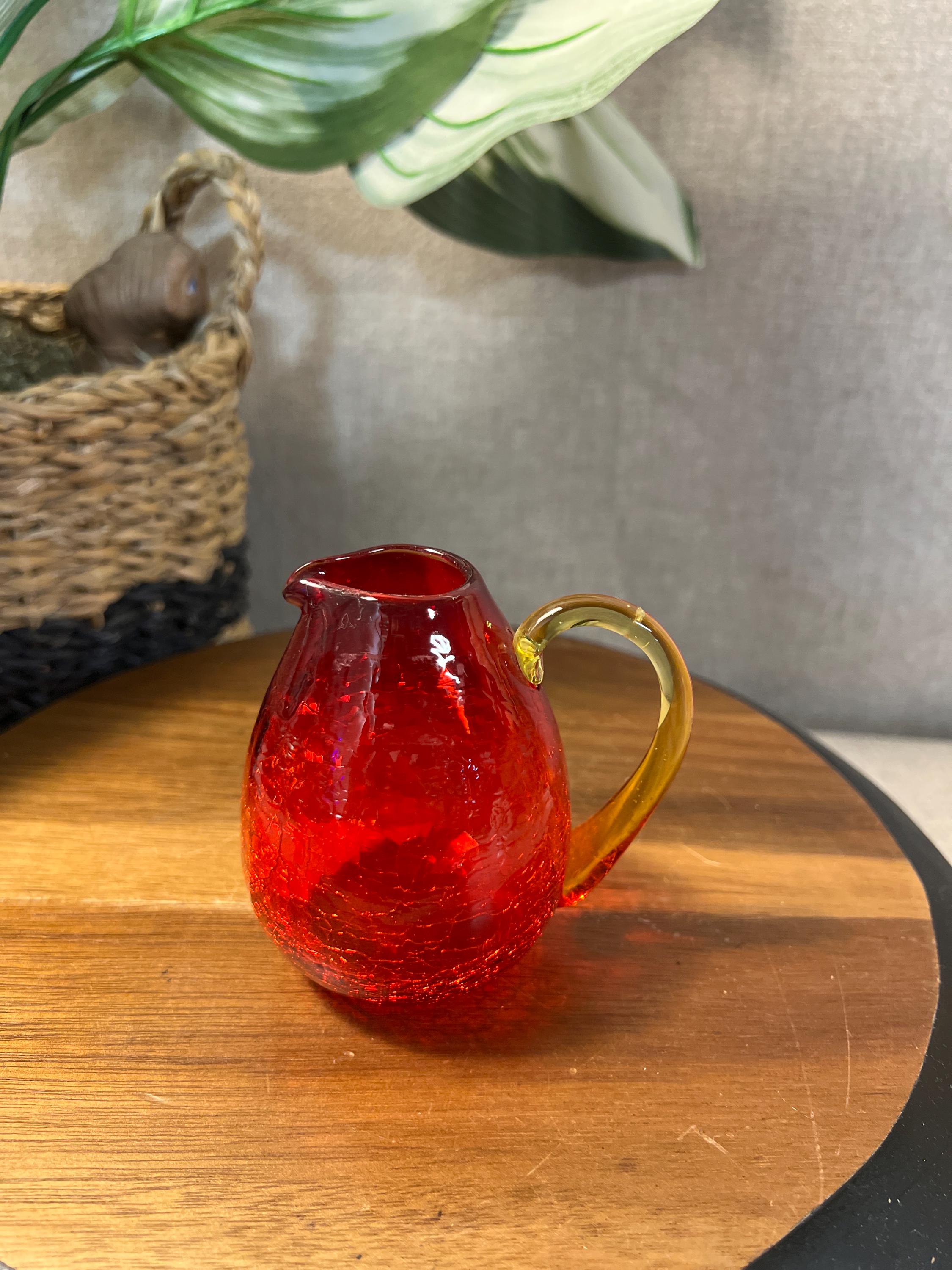 Amberina crackle glass pitcher glows with UV