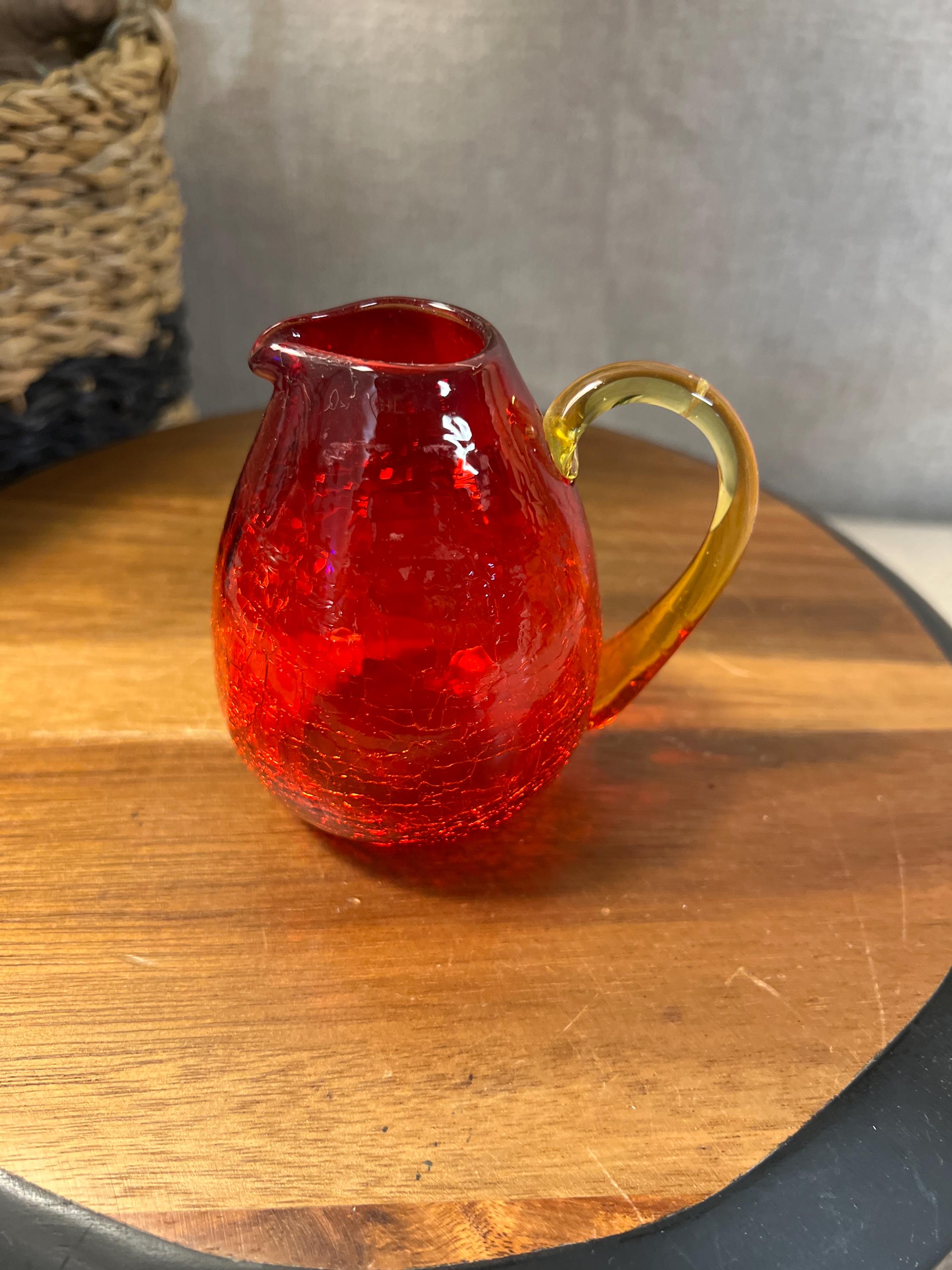 Amberina crackle glass pitcher glows with UV