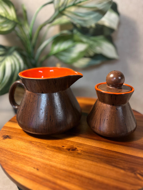 Creamer & Sugar Set Noritake ceramic wood look glaze with orange inside Mcm
