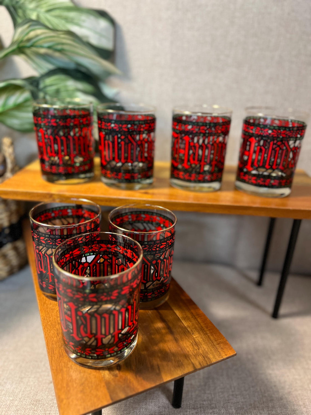 7 Vintage Houze Stained Glass Christmas Happy Holidays 4" Tumblers Glasses