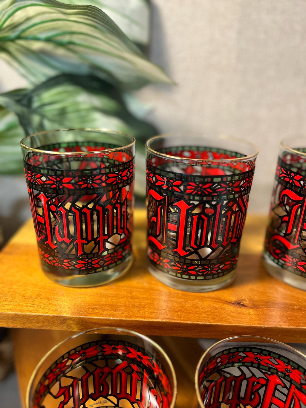 7 Vintage Houze Stained Glass Christmas Happy Holidays 4" Tumblers Glasses