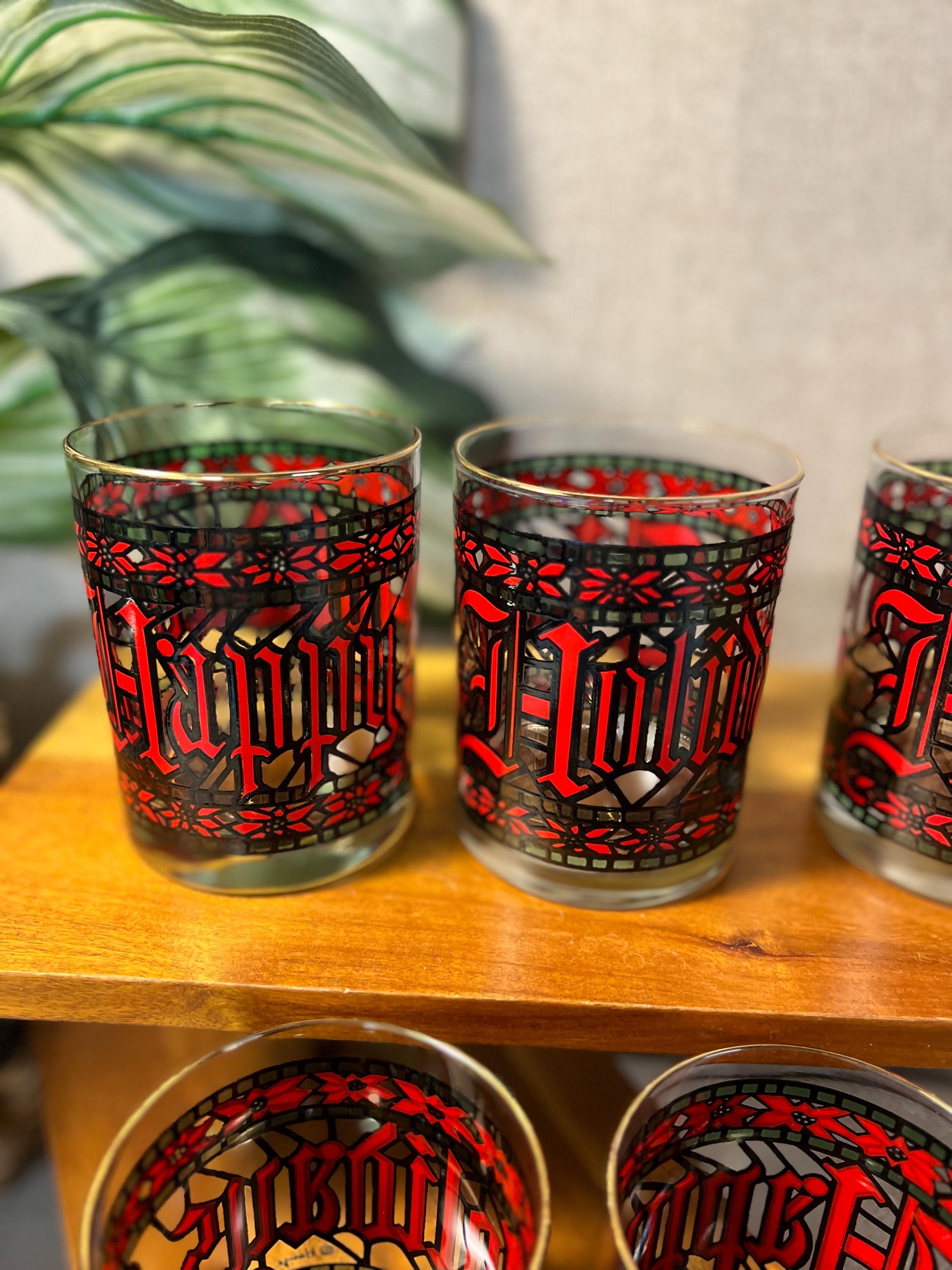 7 Vintage Houze Stained Glass Christmas Happy Holidays 4" Tumblers Glasses