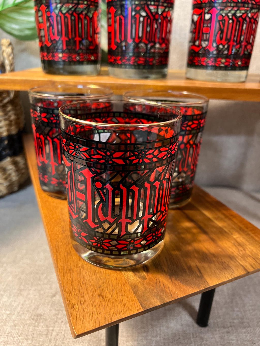 7 Vintage Houze Stained Glass Christmas Happy Holidays 4" Tumblers Glasses