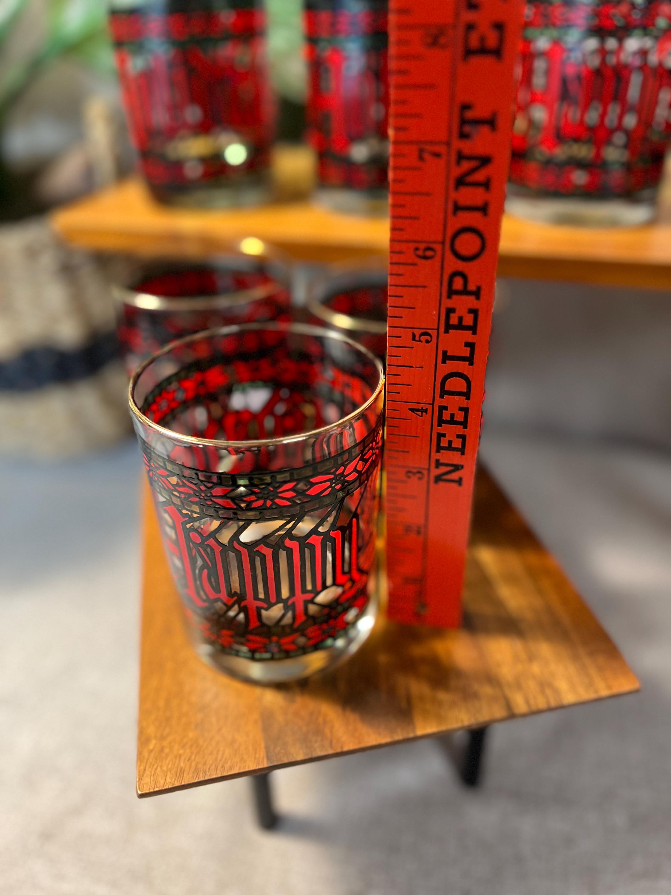 7 Vintage Houze Stained Glass Christmas Happy Holidays 4" Tumblers Glasses