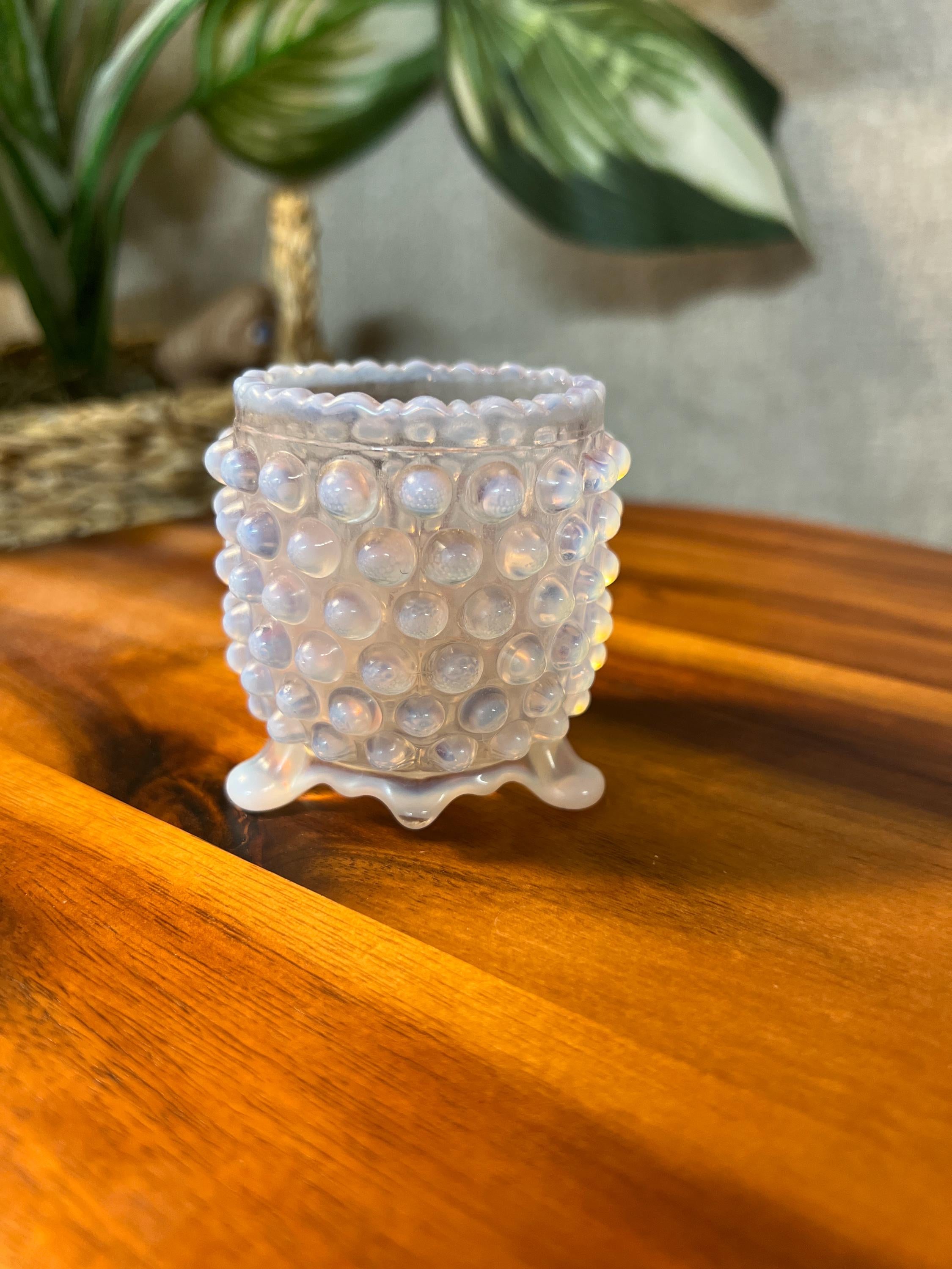 AJ Beatty Glass Opalescent Footed Hobnail Toothpick Holder
