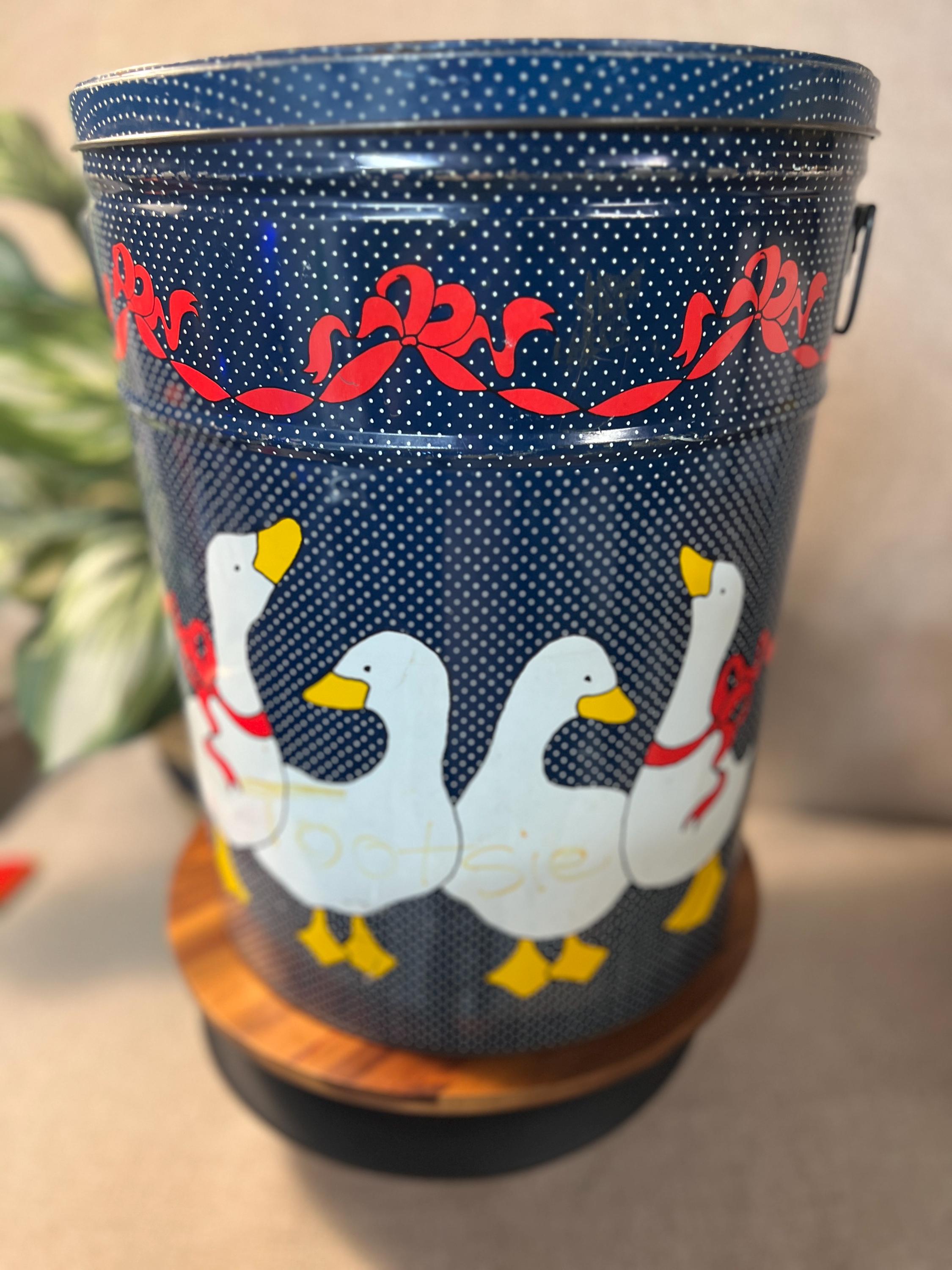 Vintage Goose Detroit Popcorn Tin Navy Blue White Polka dots COUNTRY GOOSE GEESE