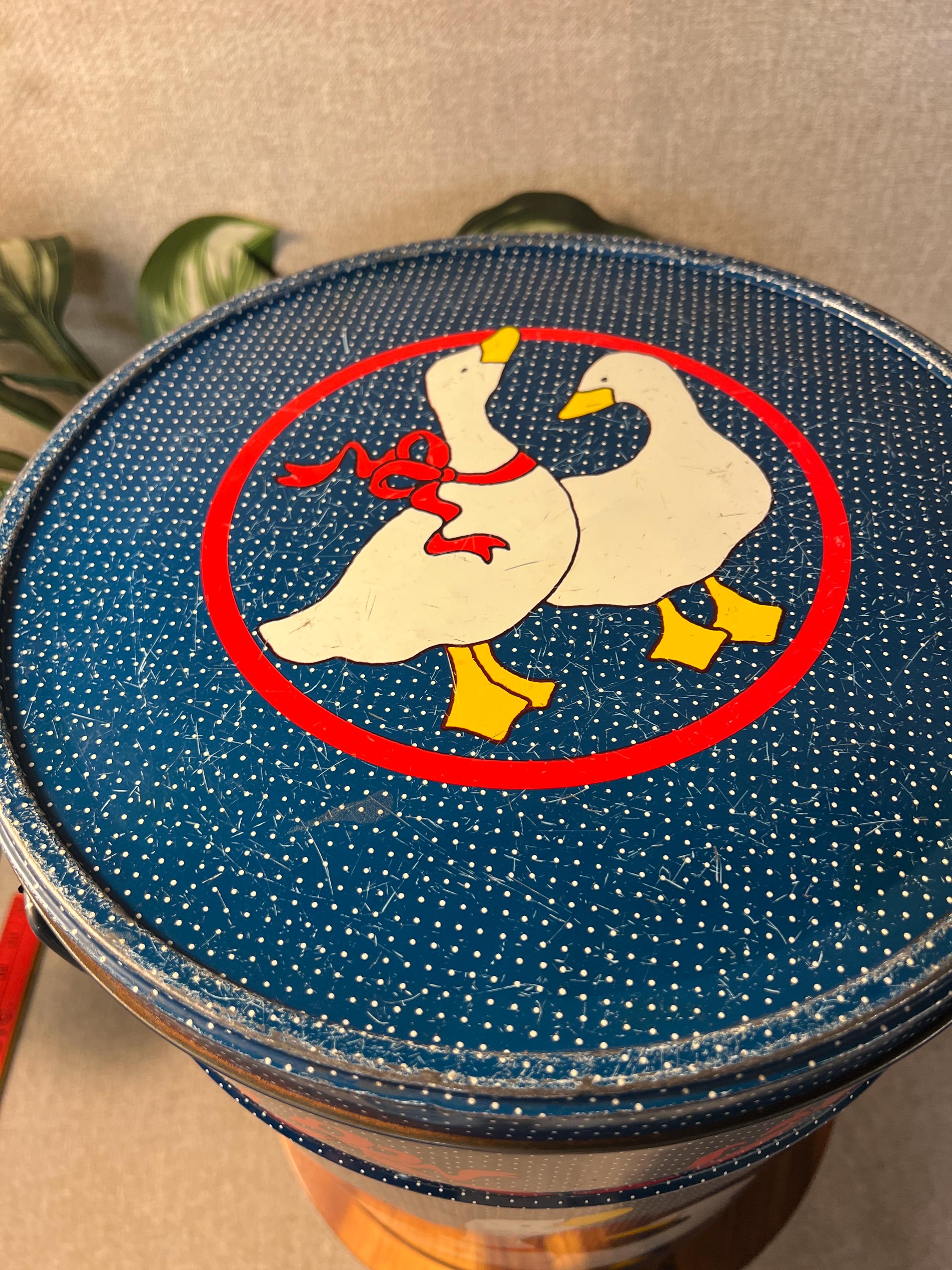 Vintage Goose Detroit Popcorn Tin Navy Blue White Polka dots COUNTRY GOOSE GEESE