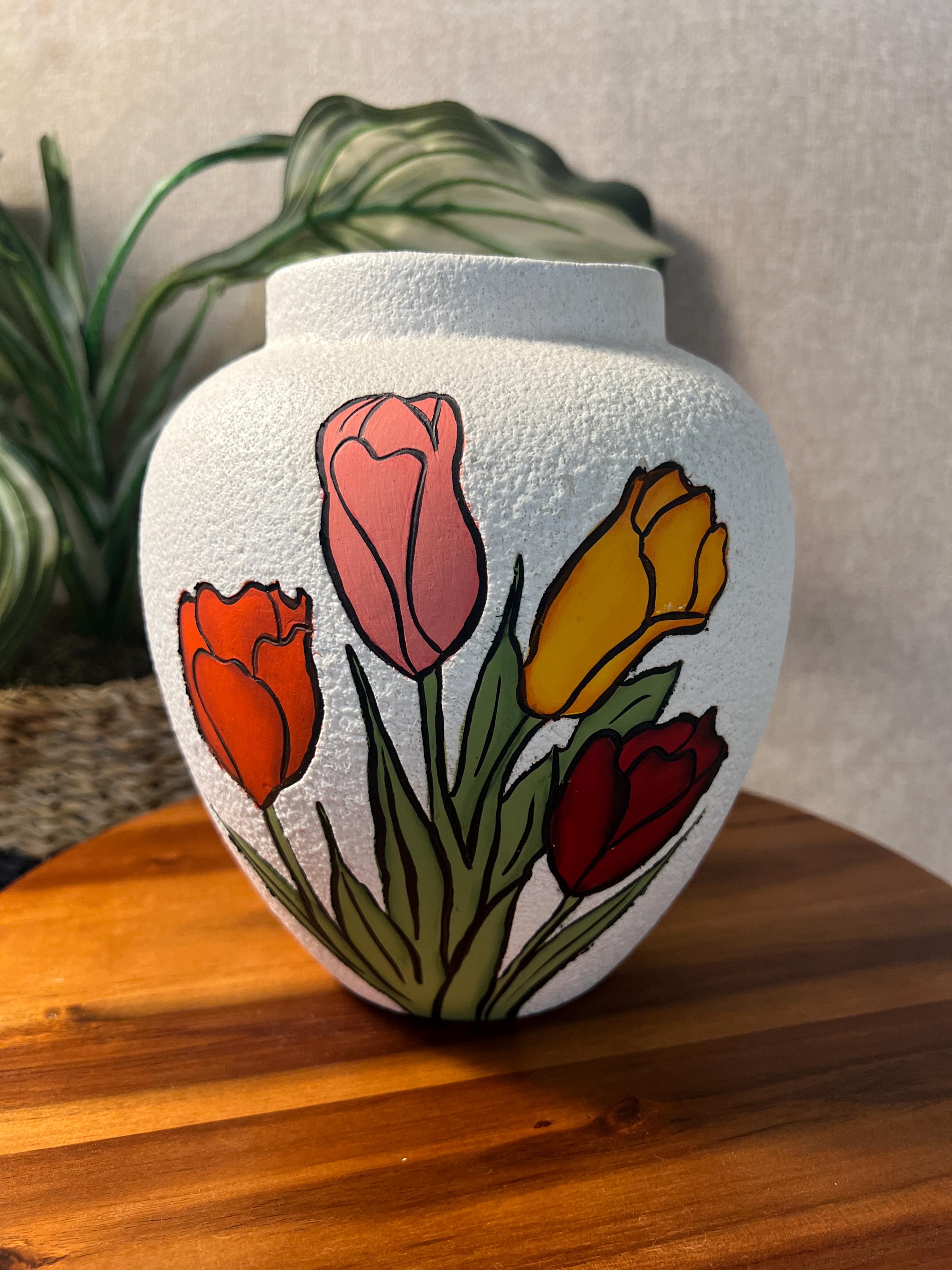 Vintage MCM Tulip Decorated Ceramic Vase Textured Hobbyist signed