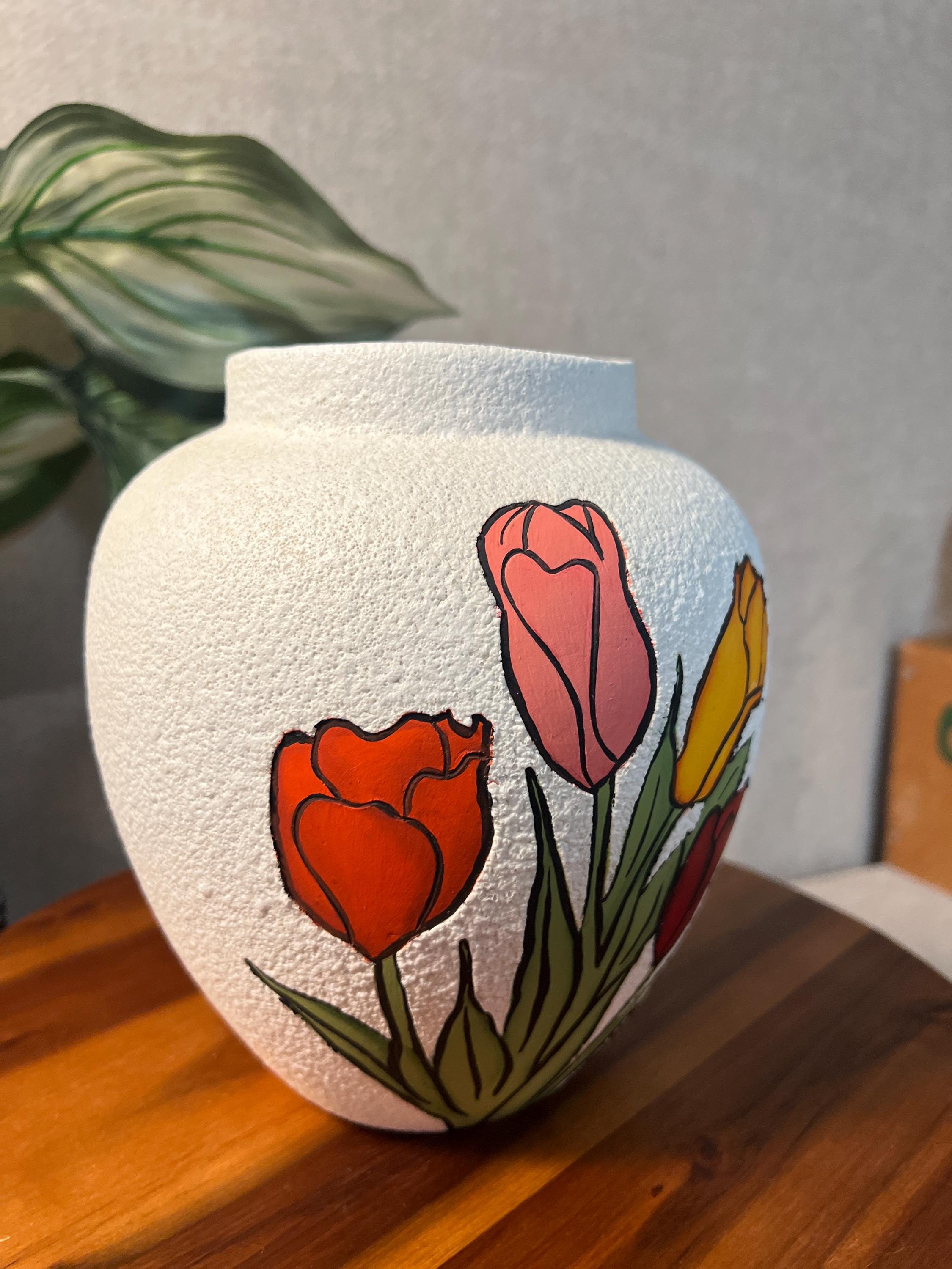 Vintage MCM Tulip Decorated Ceramic Vase Textured Hobbyist signed