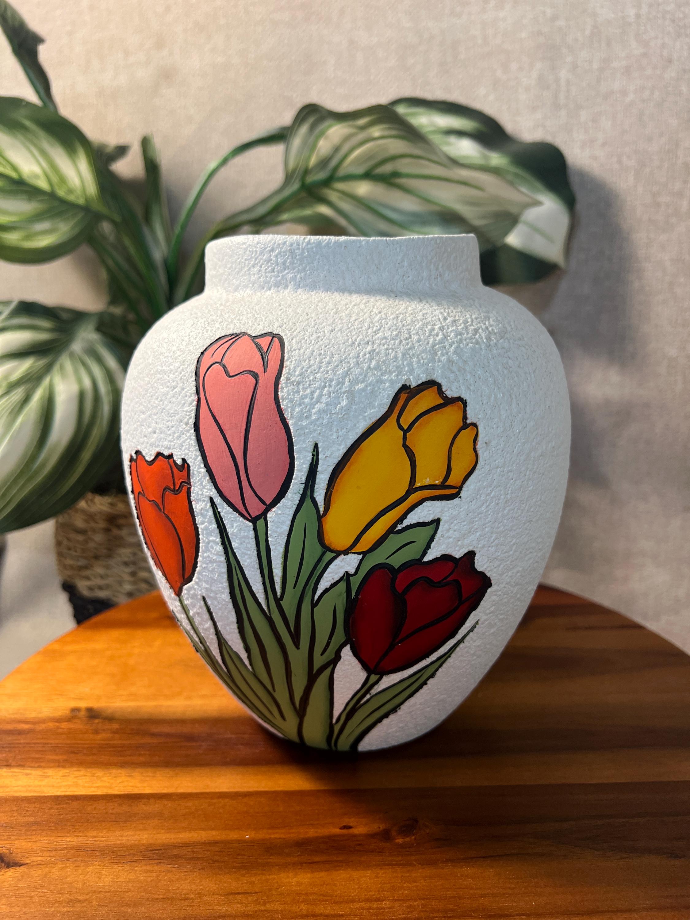 Vintage MCM Tulip Decorated Ceramic Vase Textured Hobbyist signed