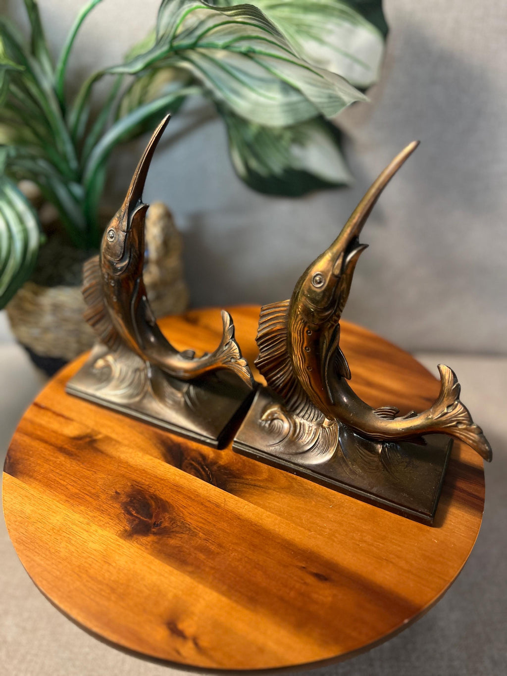 2 Vintage MCM Philadelphia Mfg. Co. Brass/Bronze Marlin Swordfish Statues or Bookends