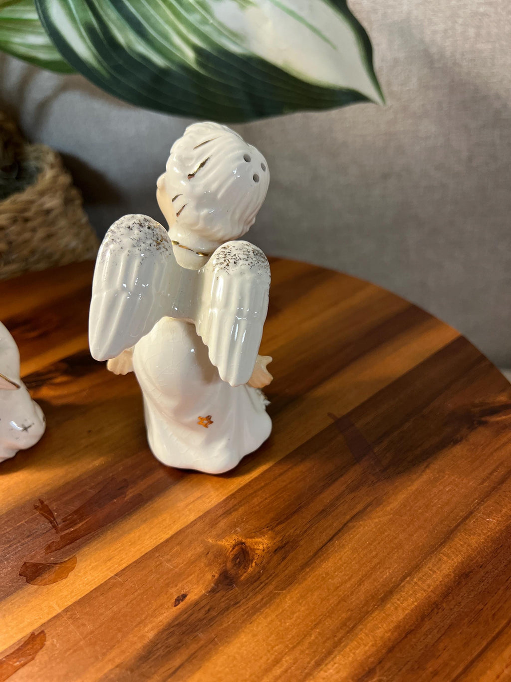 2 Vintage 1950s White Gold Porcelain Christmas Winged Angel Figurines JAPAN