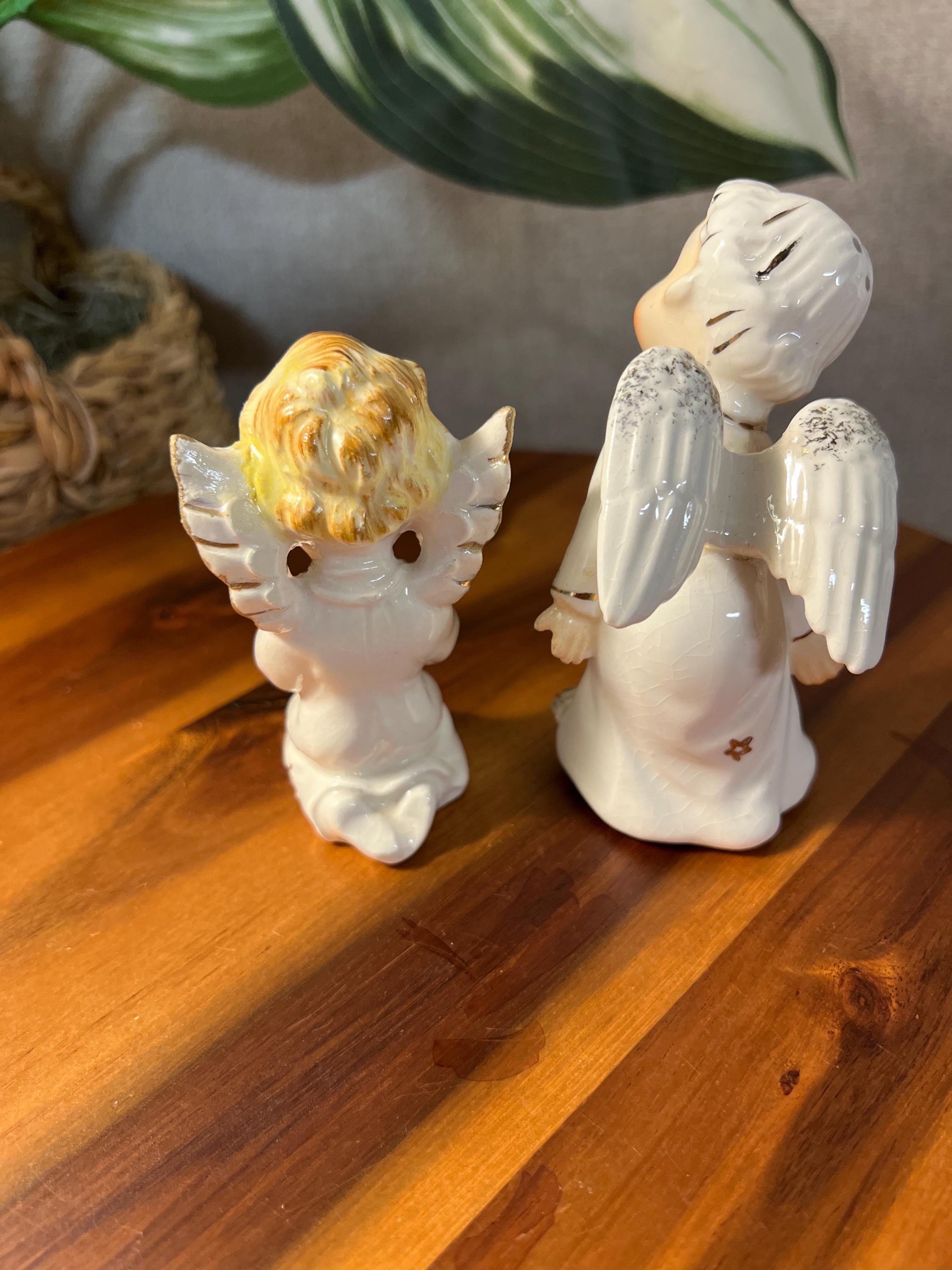 2 Vintage 1950s White Gold Porcelain Christmas Winged Angel Figurines JAPAN