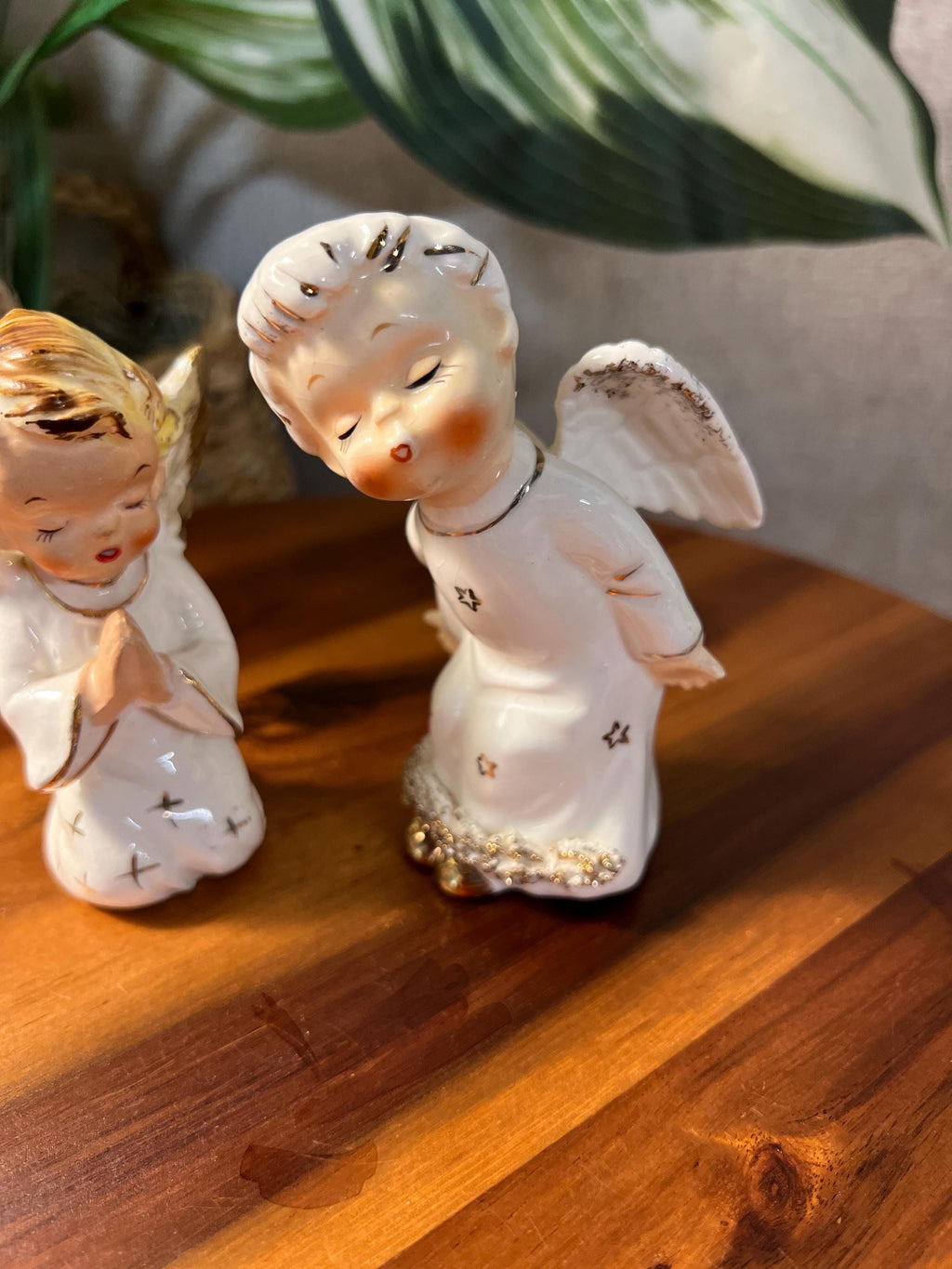 2 Vintage 1950s White Gold Porcelain Christmas Winged Angel Figurines JAPAN