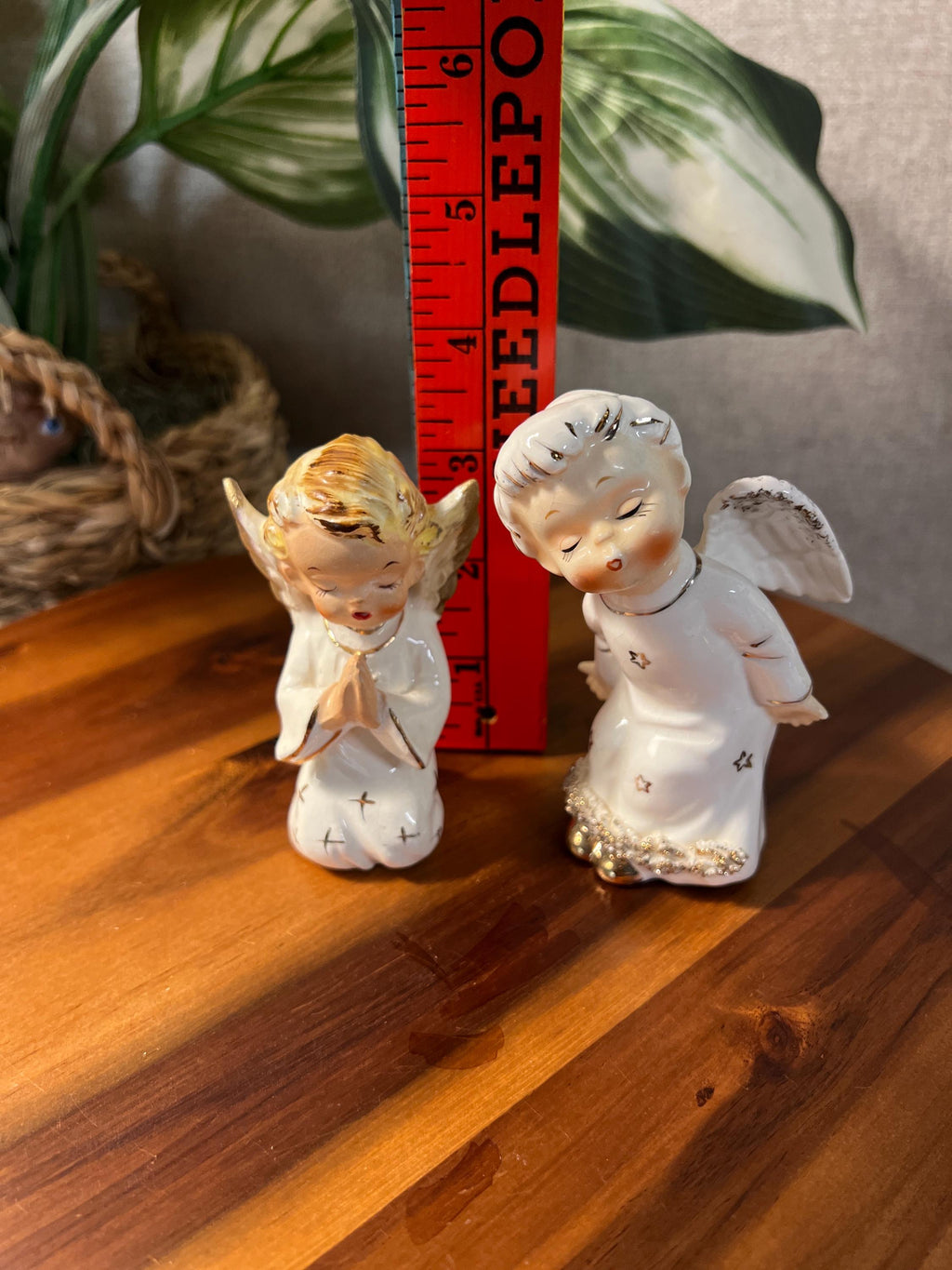 2 Vintage 1950s White Gold Porcelain Christmas Winged Angel Figurines JAPAN