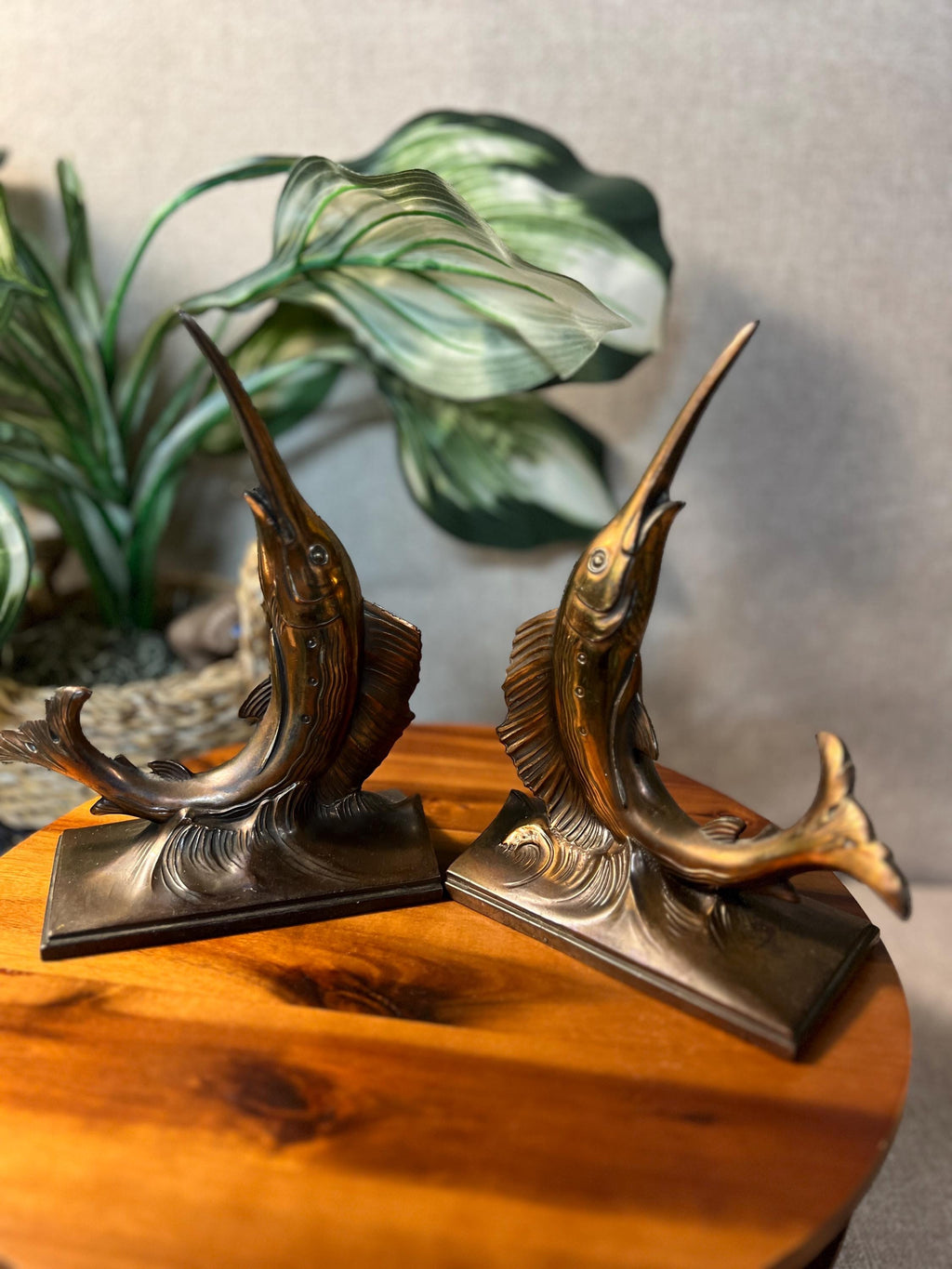 2 Vintage MCM Philadelphia Mfg. Co. Brass/Bronze Marlin Swordfish Statues or Bookends