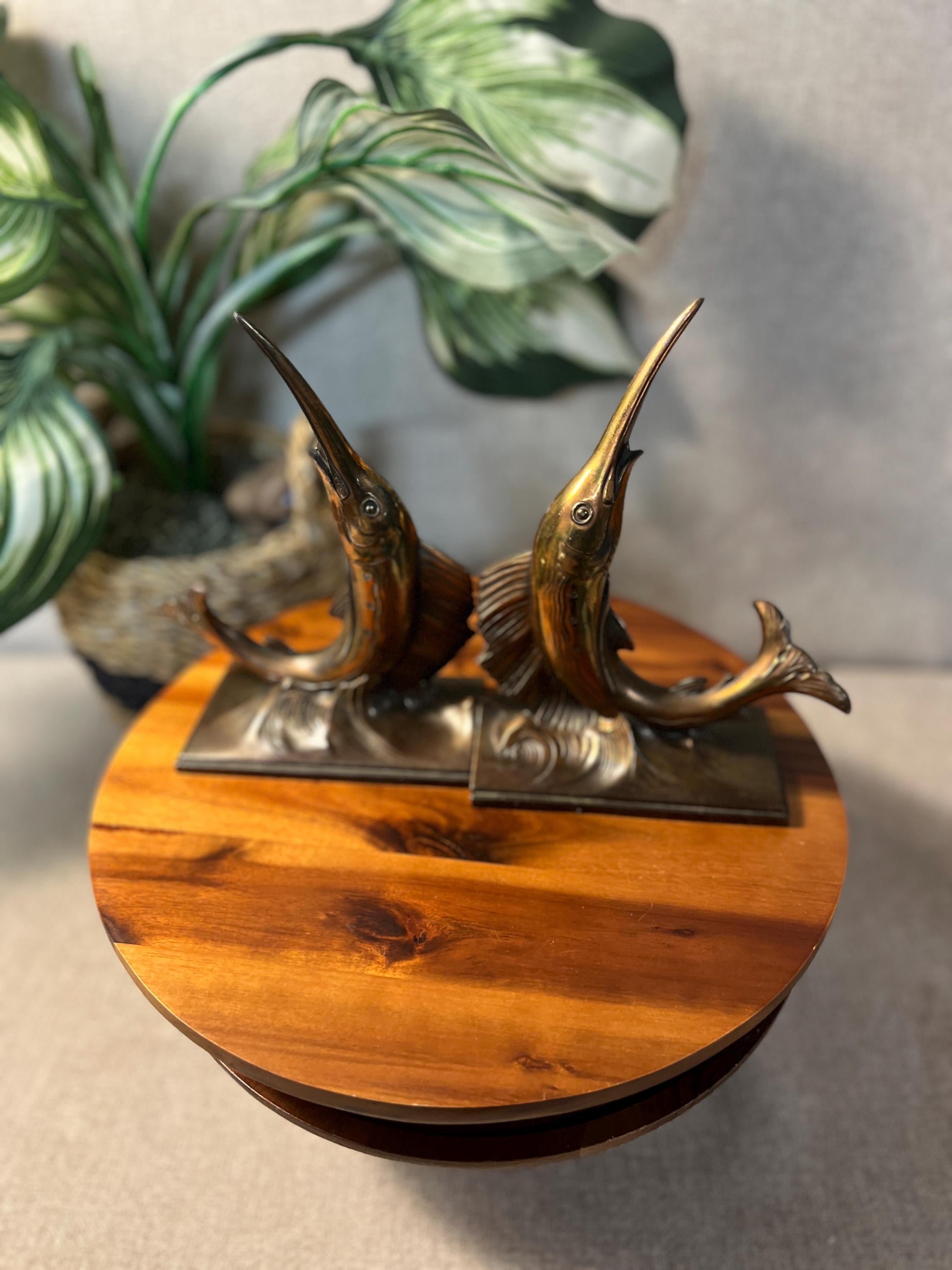2 Vintage MCM Philadelphia Mfg. Co. Brass/Bronze Marlin Swordfish Statues or Bookends
