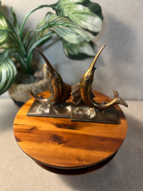 2 Vintage MCM Philadelphia Mfg. Co. Brass/Bronze Marlin Swordfish Statues or Bookends