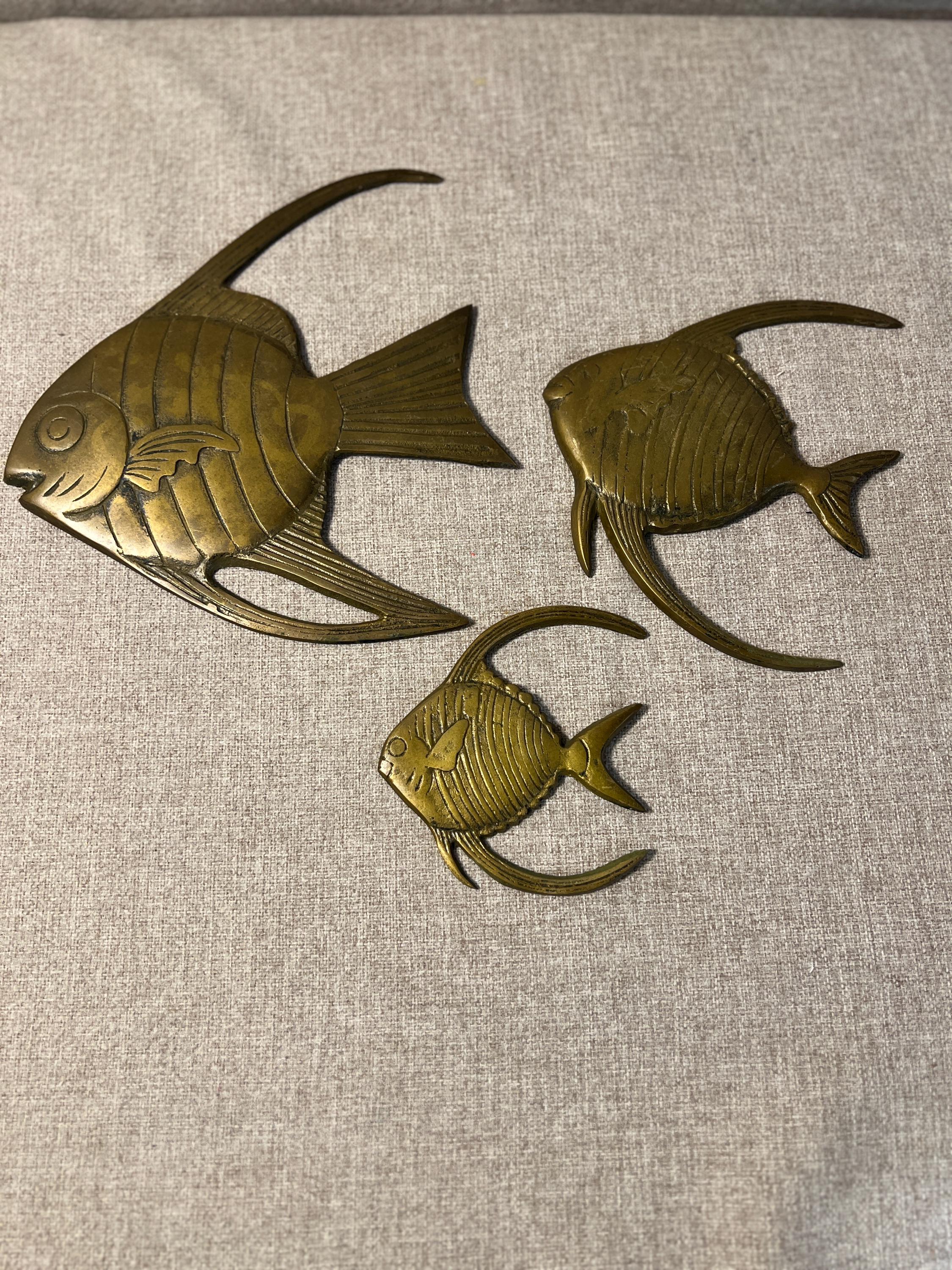 Set Of 3 Solid Brass Tropical Angel Fish Vintage Decor Wall Hanging Korea Beachy