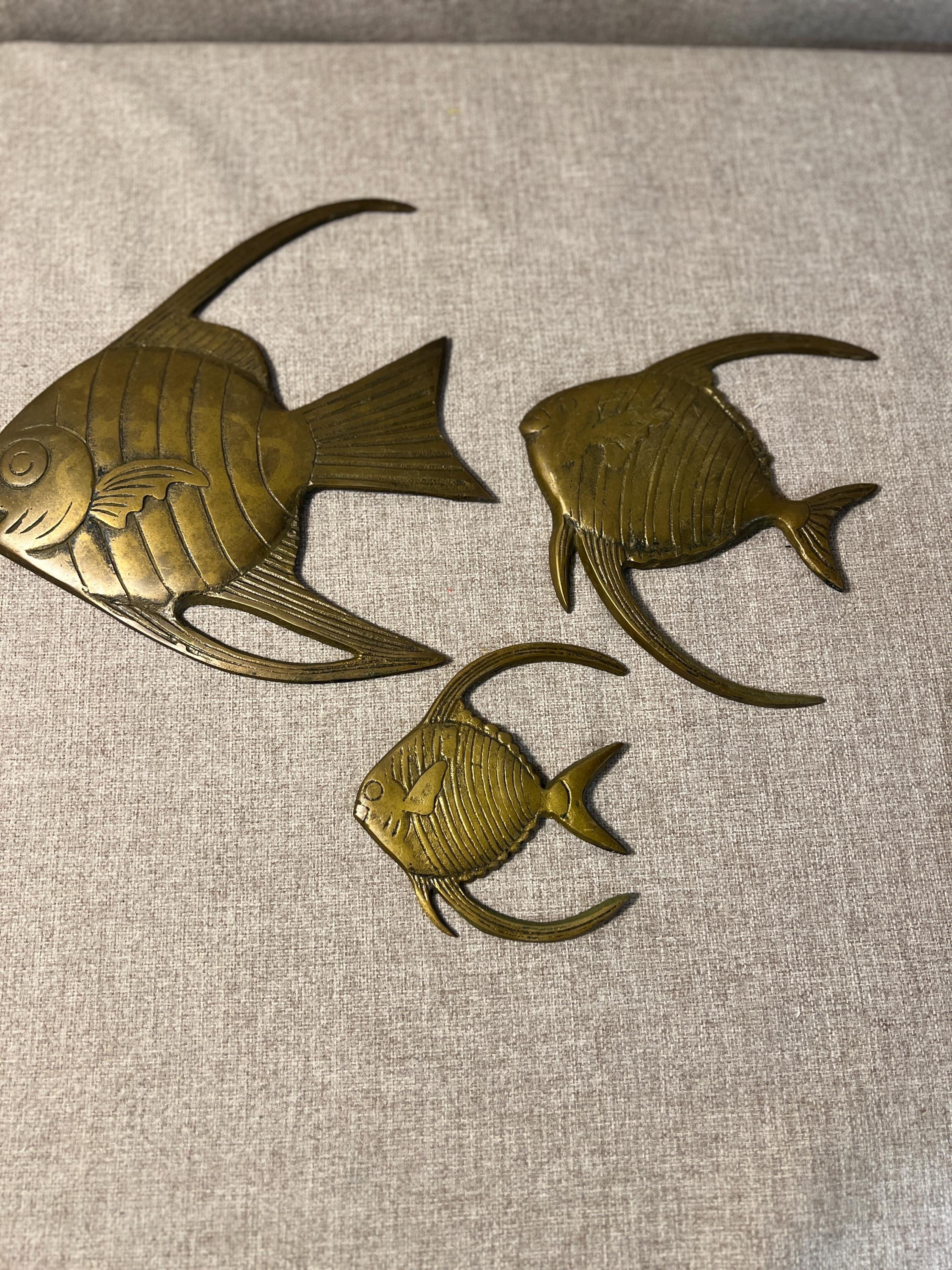 Set Of 3 Solid Brass Tropical Angel Fish Vintage Decor Wall Hanging Korea Beachy