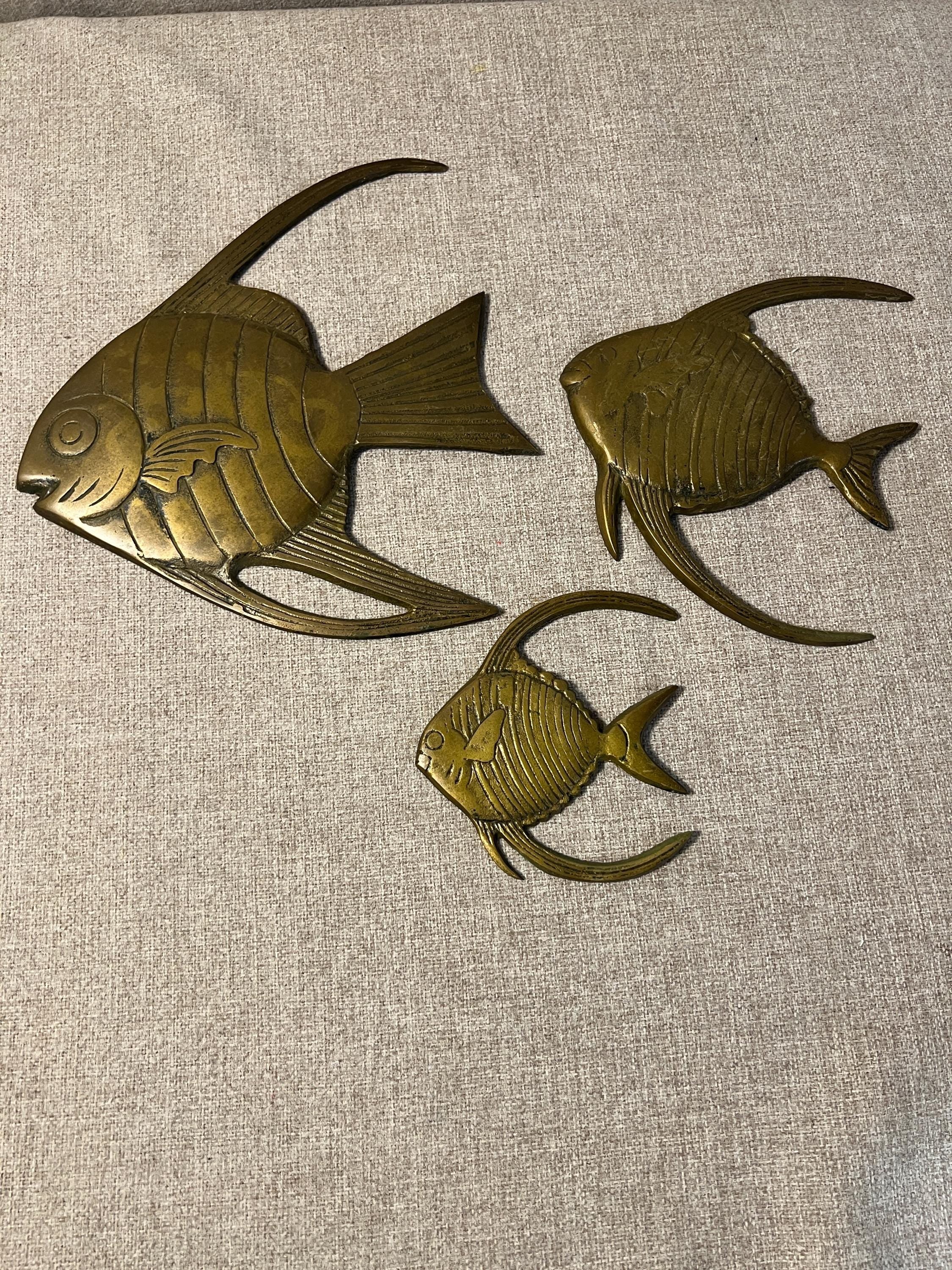 Set Of 3 Solid Brass Tropical Angel Fish Vintage Decor Wall Hanging Korea Beachy