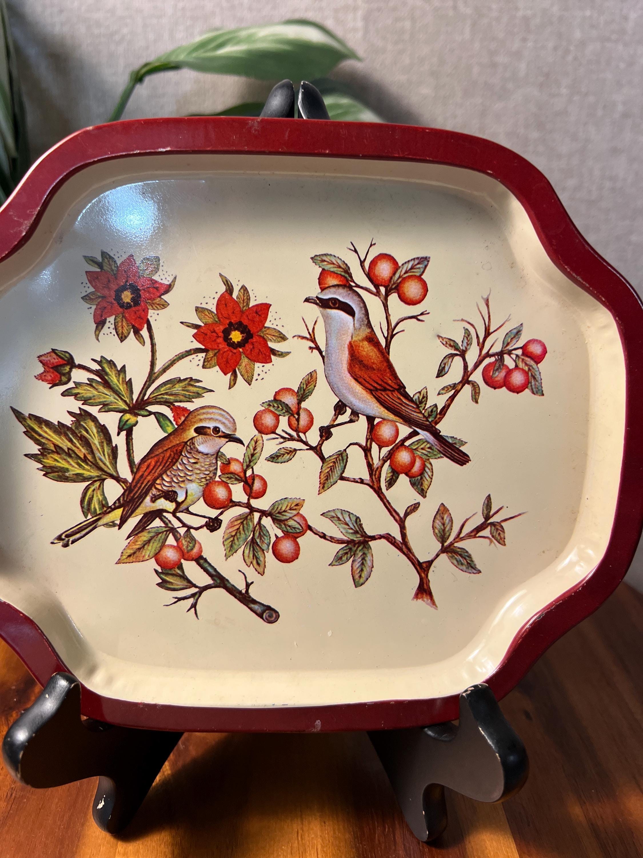 VTG Trinket Tray Birds Tin Ware Tea Party Boho Floral Cottage Farm Style Decor