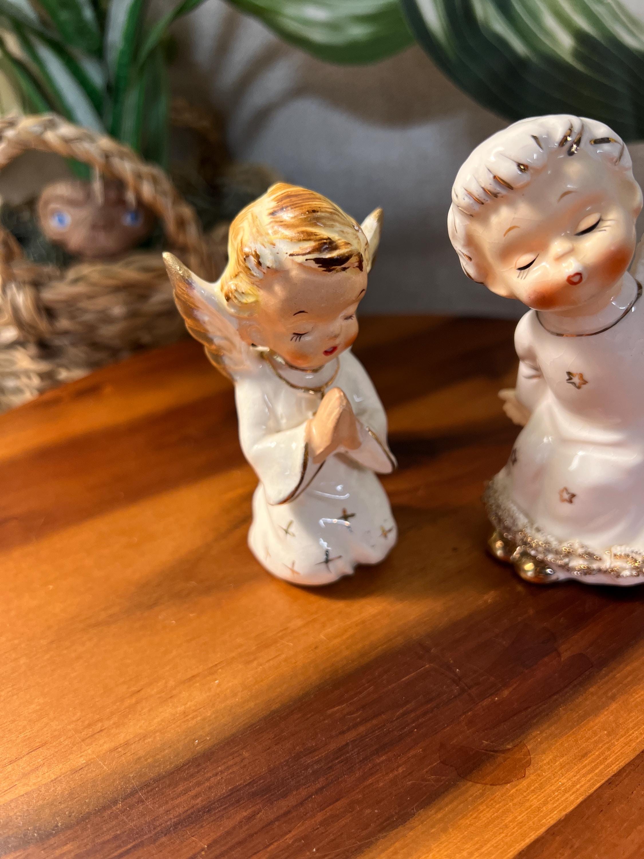 2 Vintage 1950s White Gold Porcelain Christmas Winged Angel Figurines JAPAN