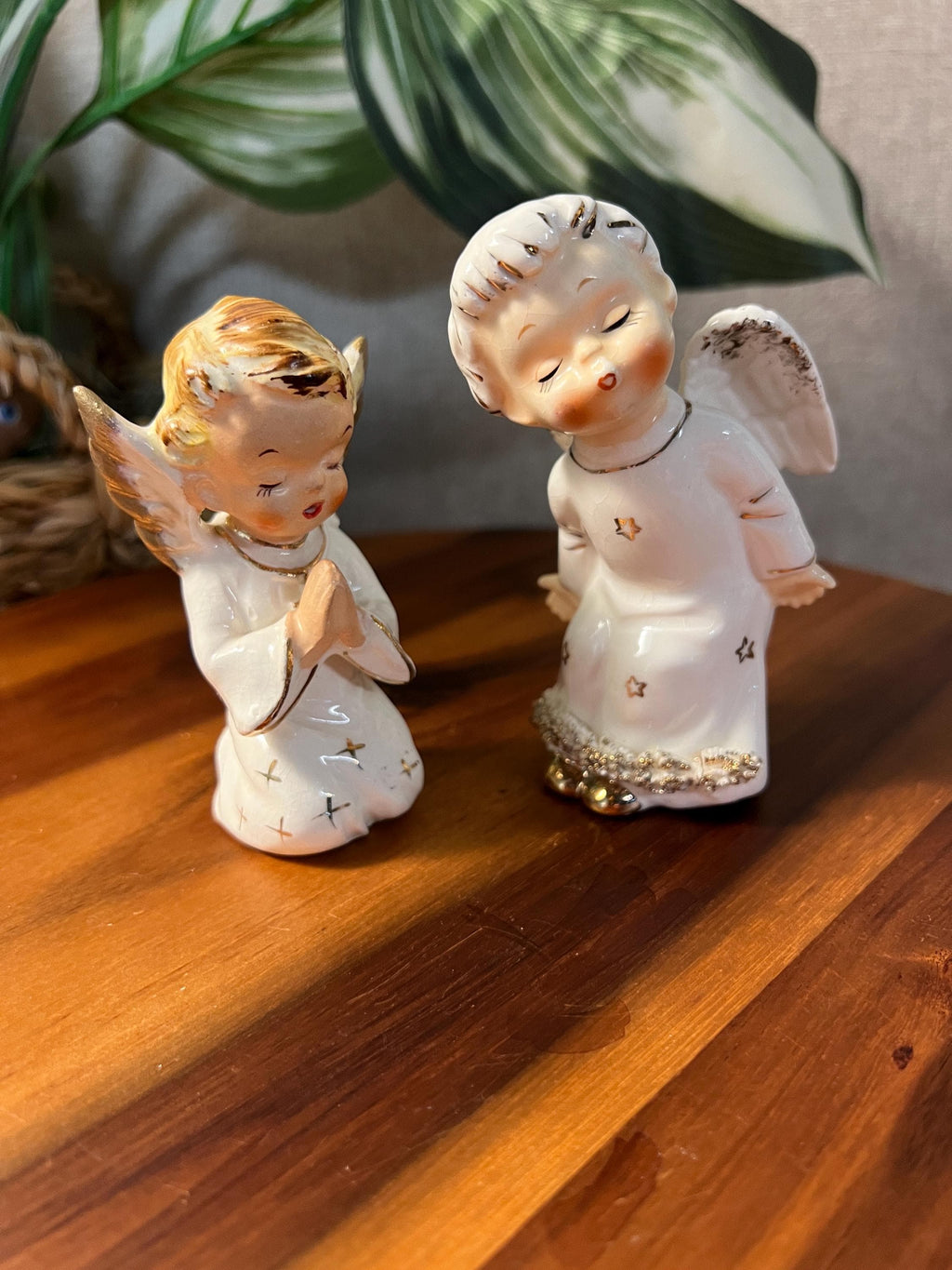 2 Vintage 1950s White Gold Porcelain Christmas Winged Angel Figurines JAPAN