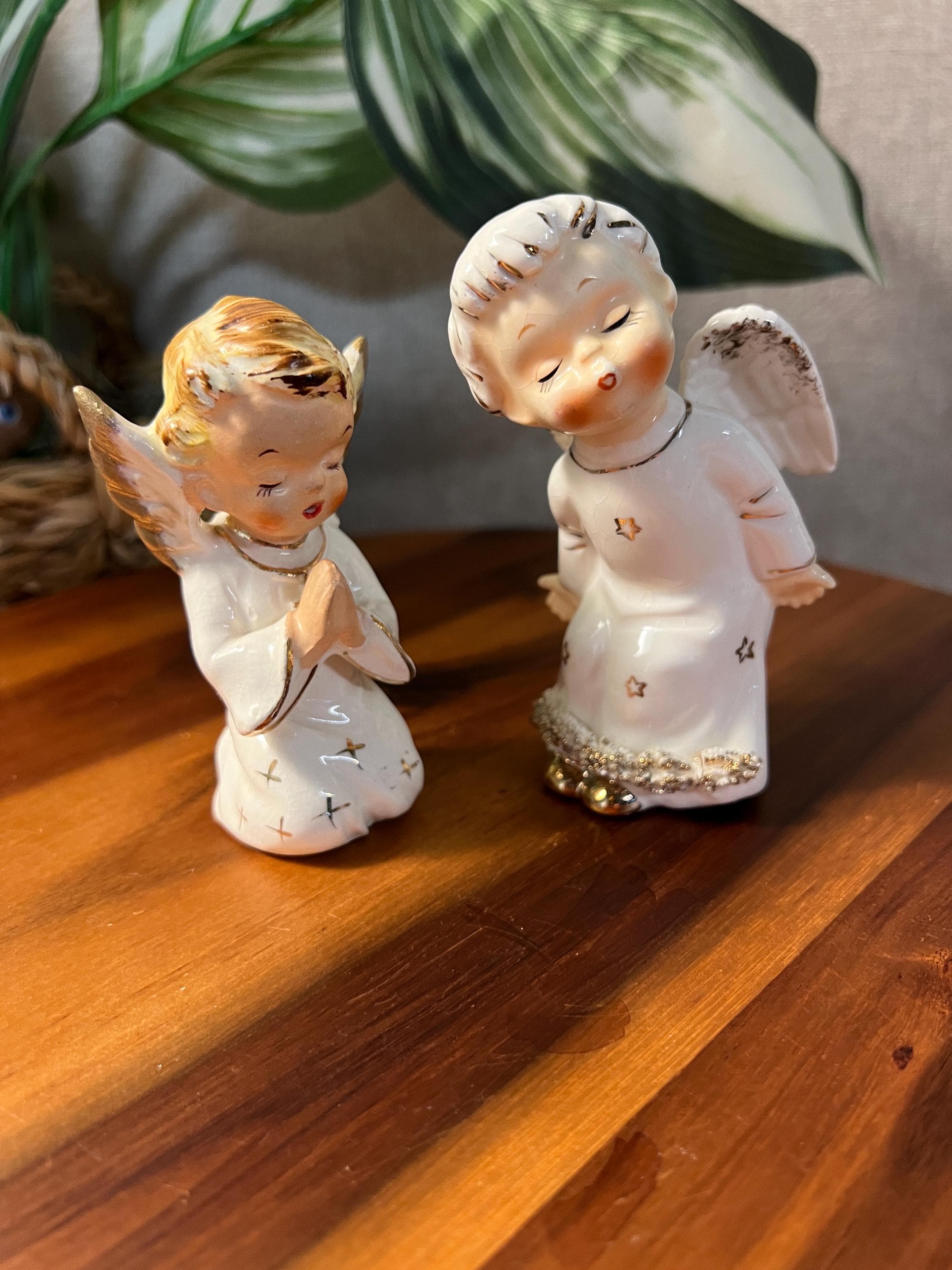 2 Vintage 1950s White Gold Porcelain Christmas Winged Angel Figurines JAPAN