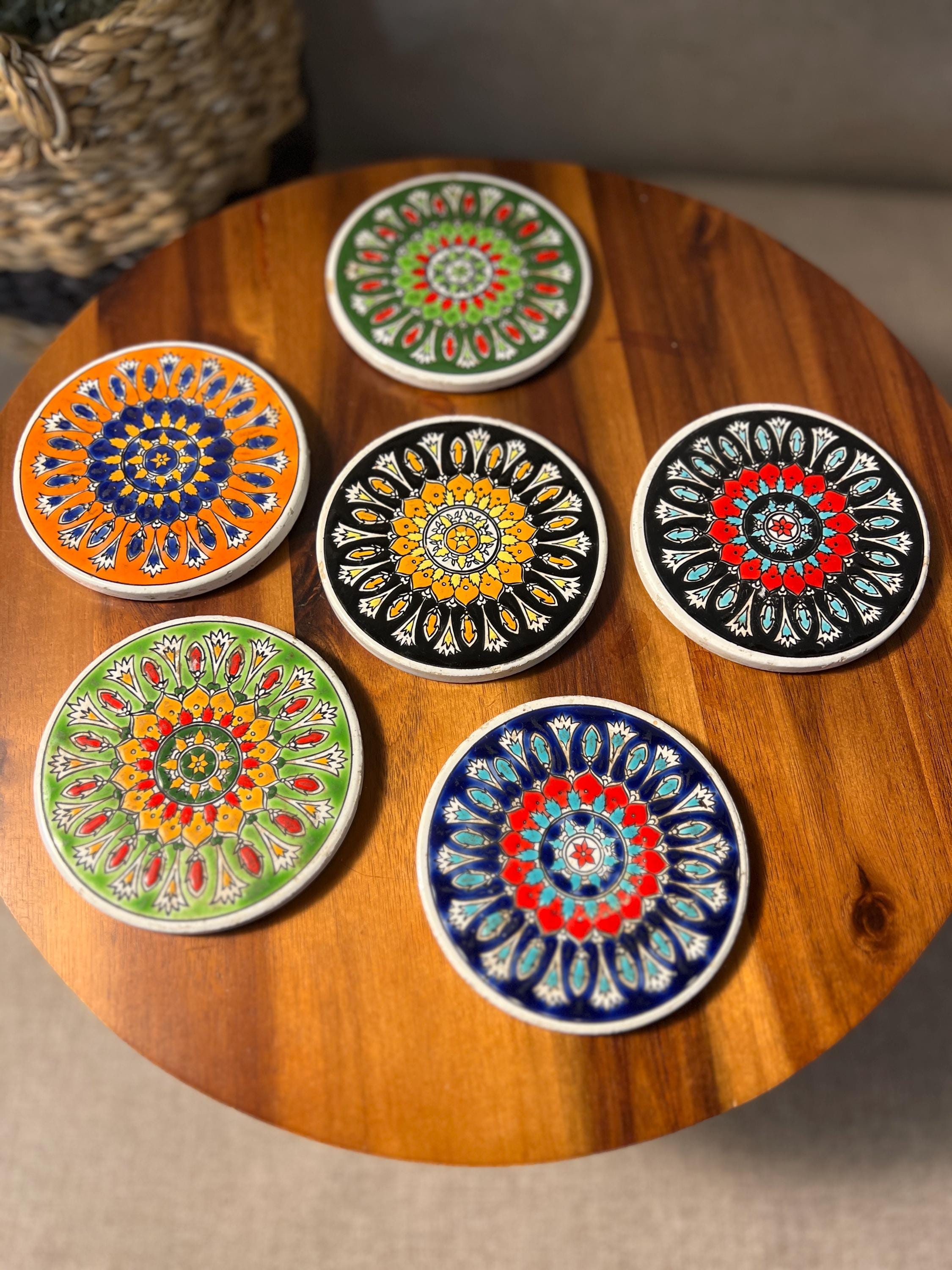 Vintage Set of 6 Colorful Ceramic Coasters Handmade in Greece 3.5 in