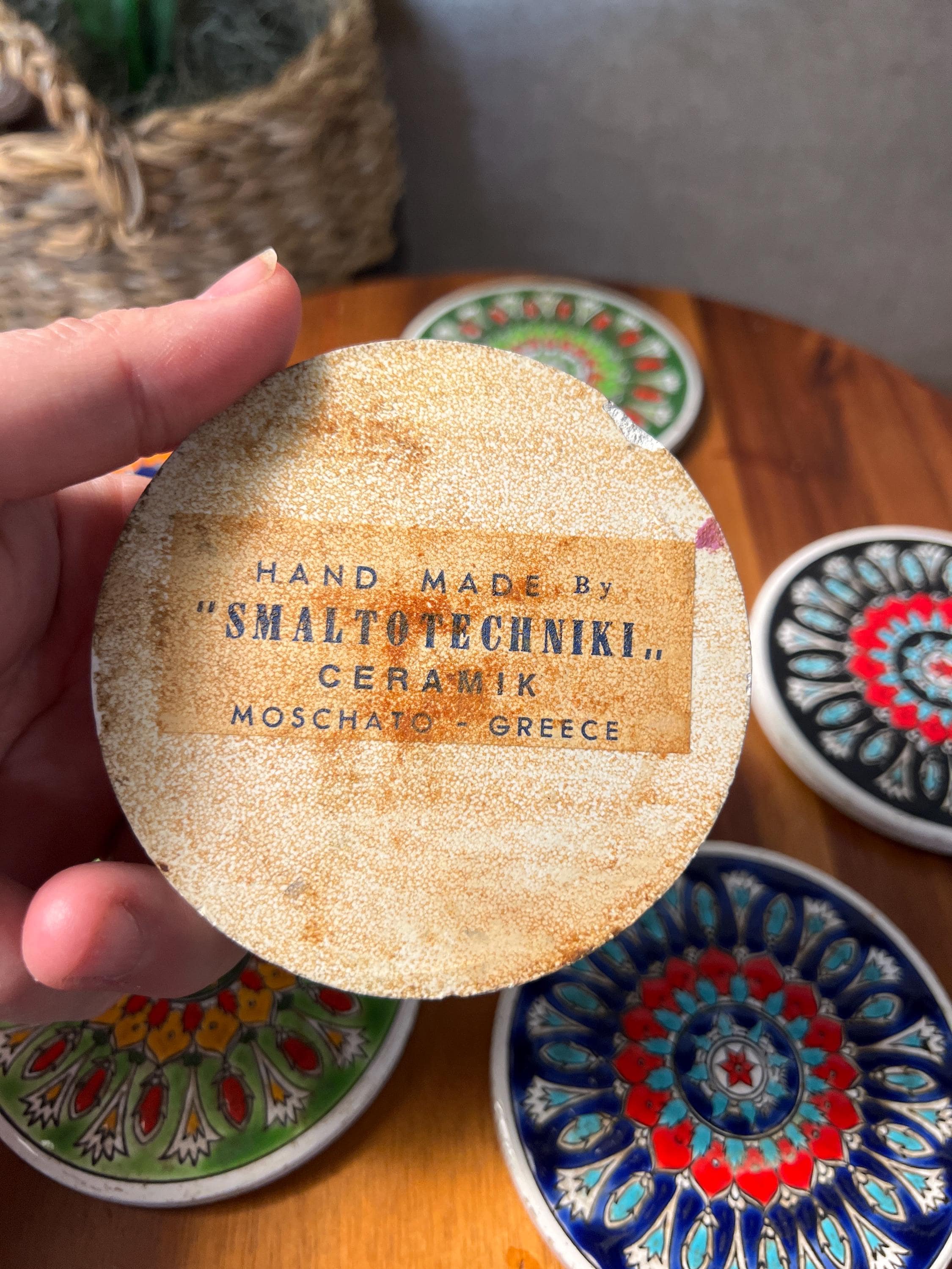 Vintage Set of 6 Colorful Ceramic Coasters Handmade in Greece 3.5 in