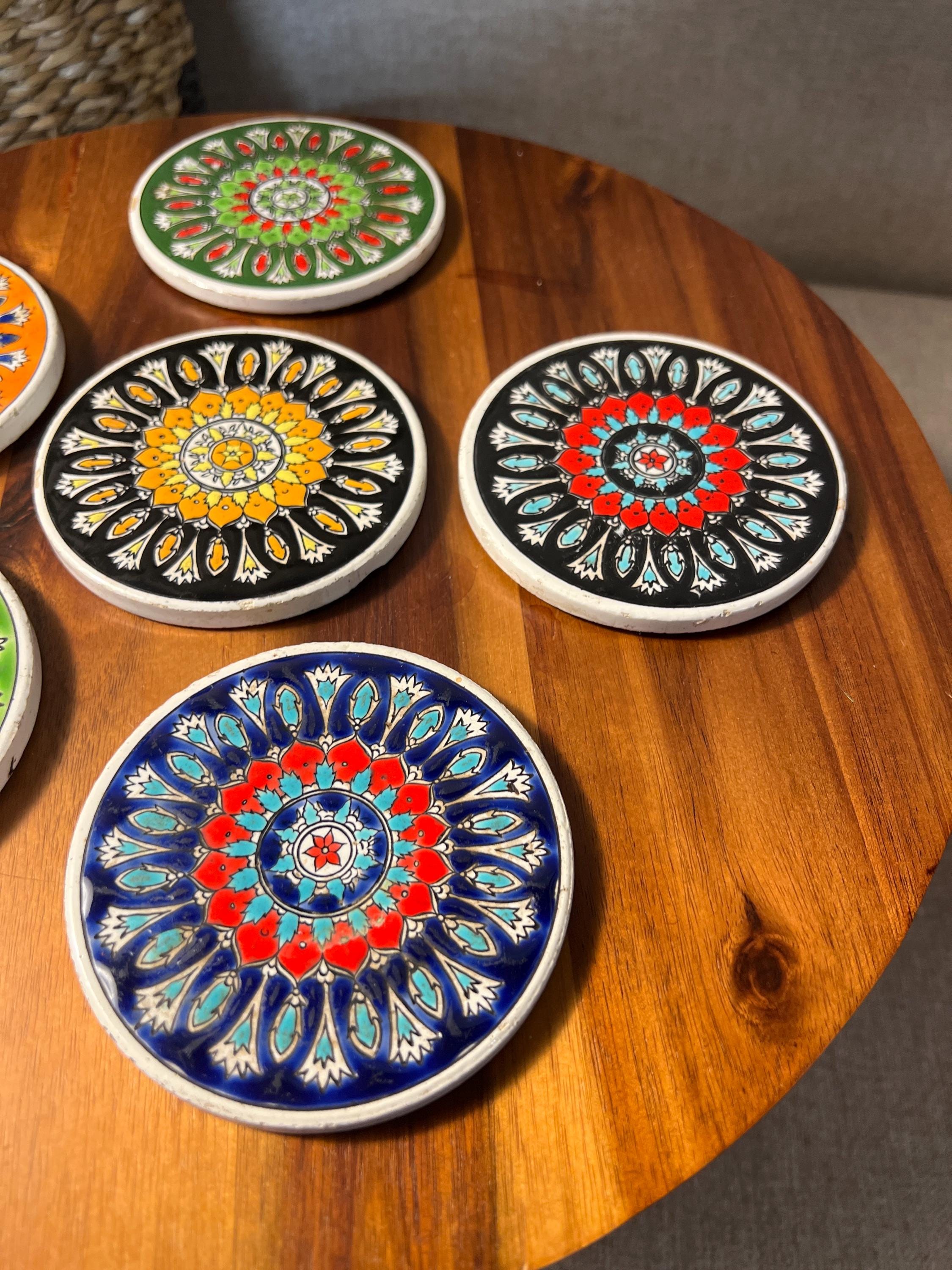 Vintage Set of 6 Colorful Ceramic Coasters Handmade in Greece 3.5 in