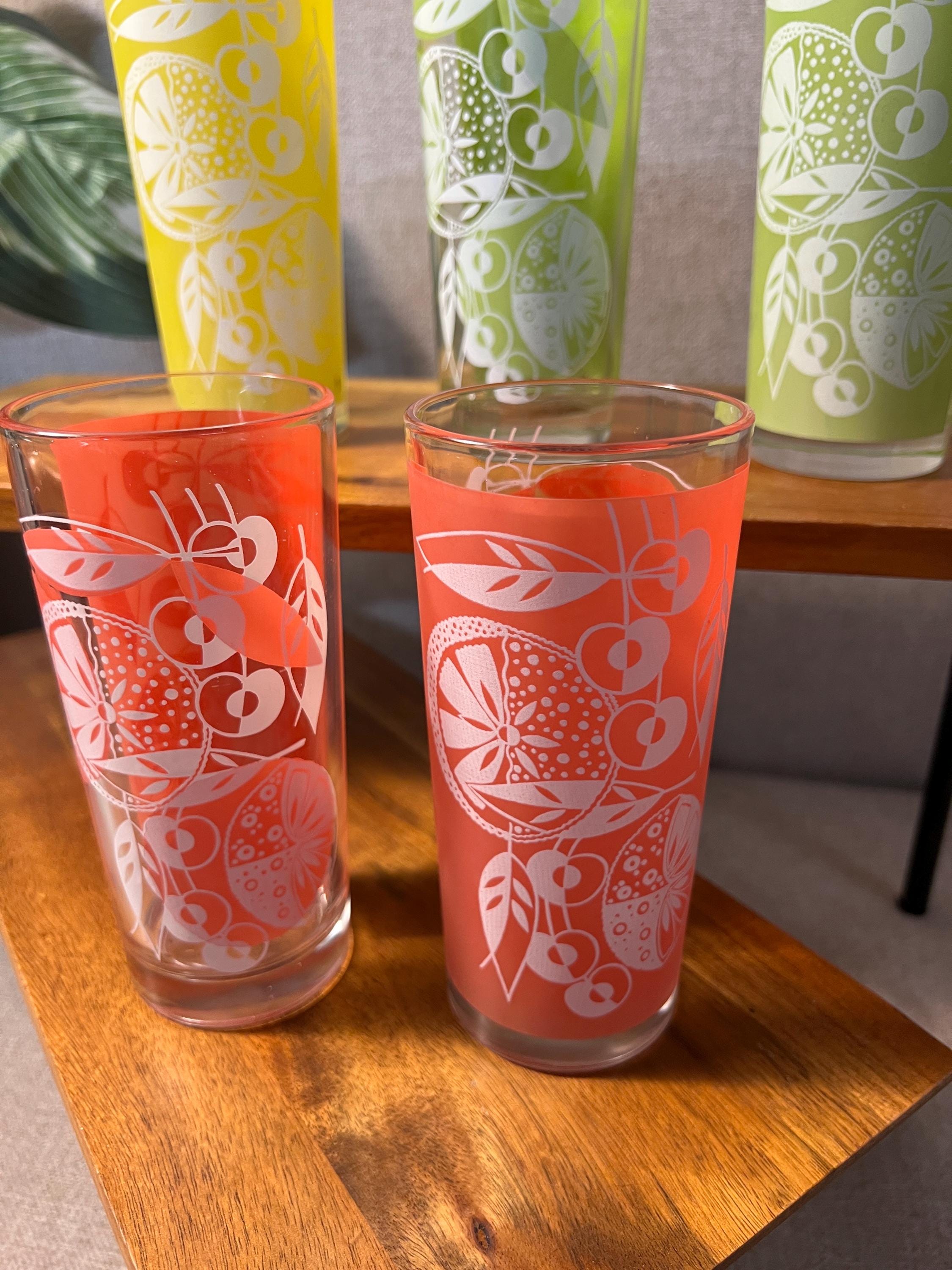 5 Vintage Bartlett Collins MCM Glass Tumblers Citrus Motif Bright Colors Lime Lemon Orange