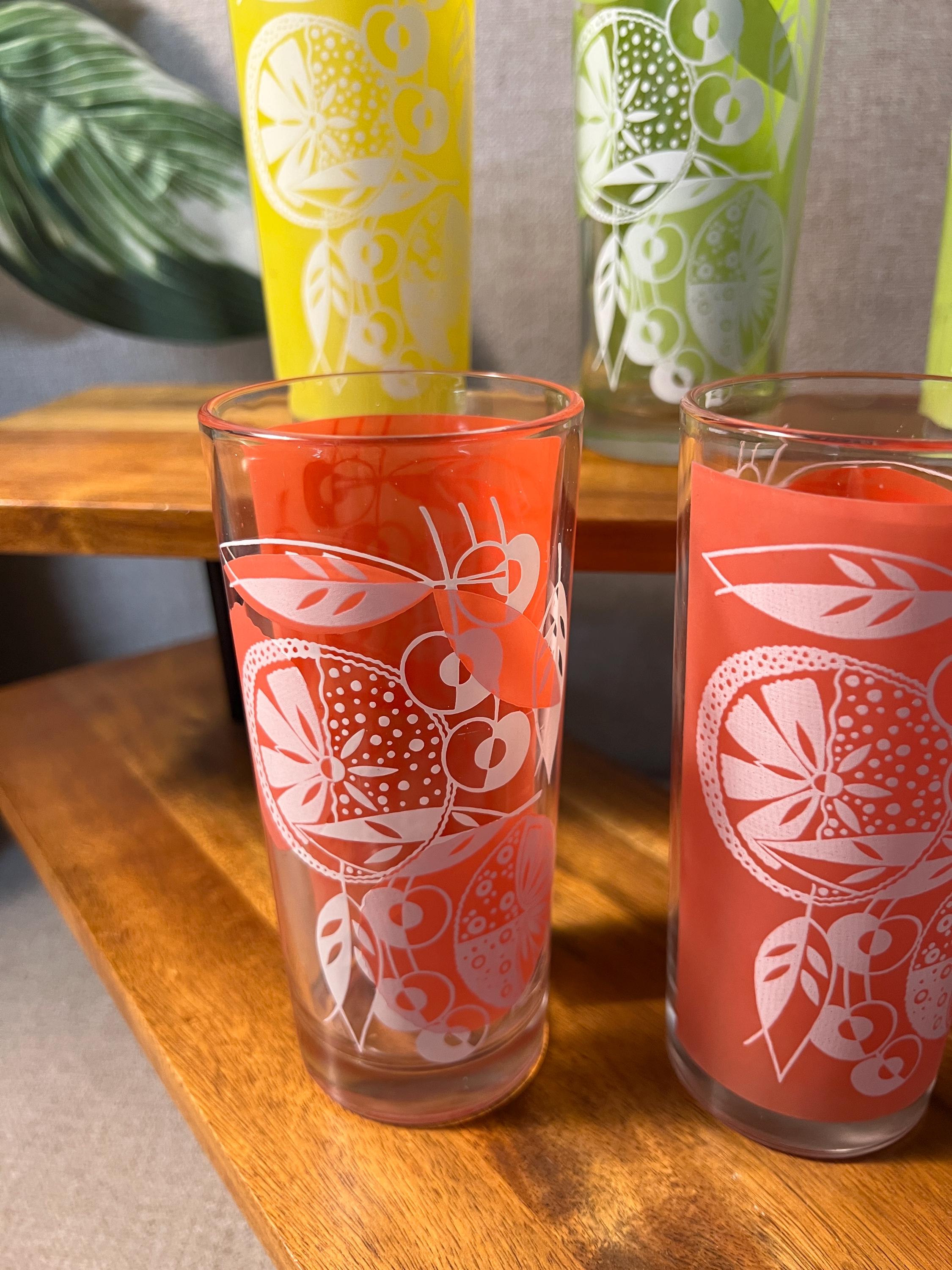 5 Vintage Bartlett Collins MCM Glass Tumblers Citrus Motif Bright Colors Lime Lemon Orange