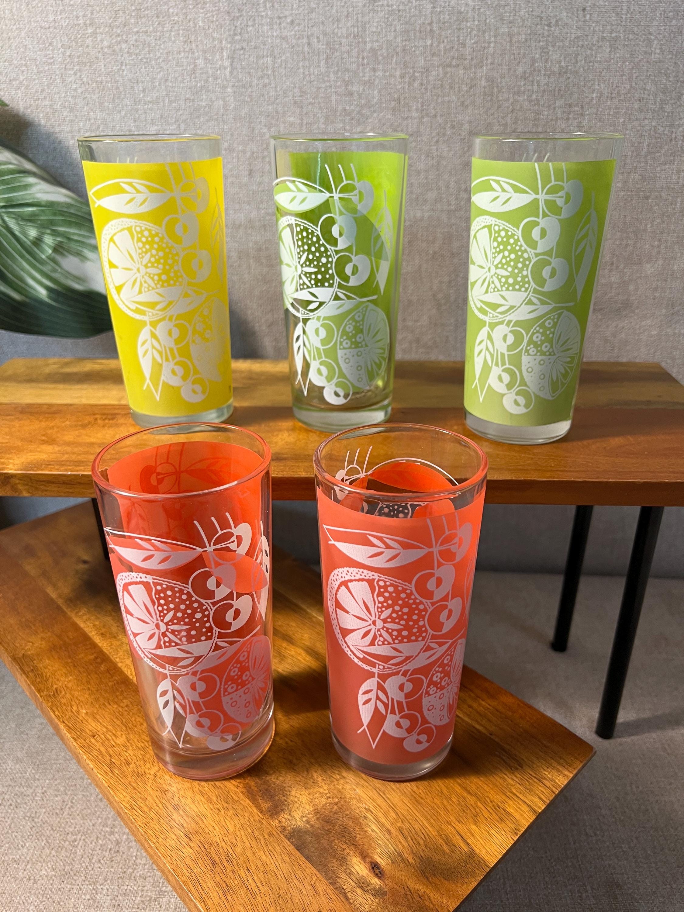 5 Vintage Bartlett Collins MCM Glass Tumblers Citrus Motif Bright Colors Lime Lemon Orange