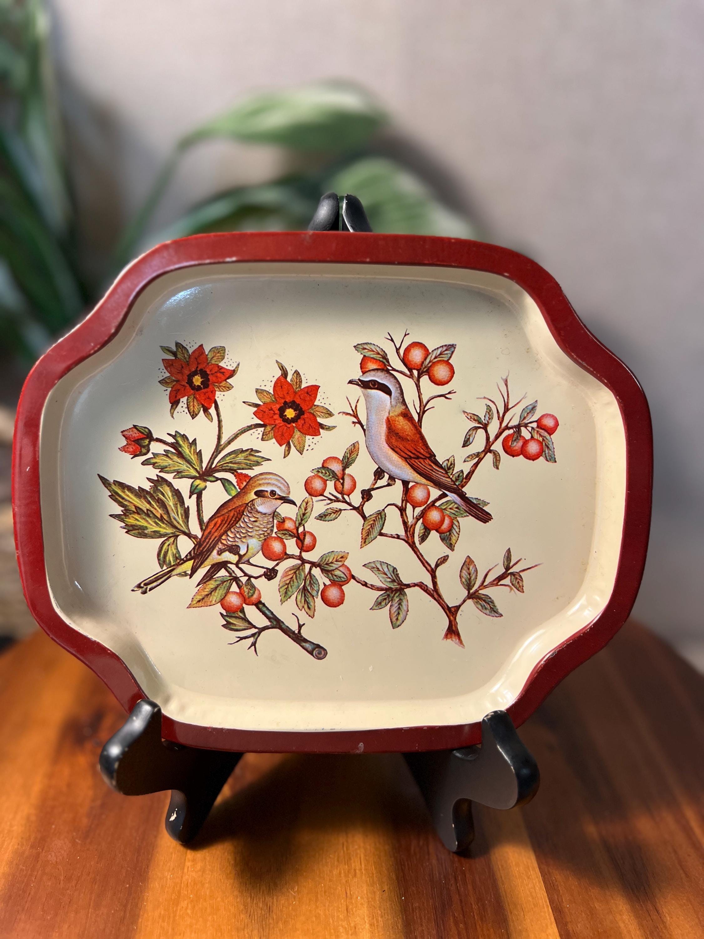 VTG Trinket Tray Birds Tin Ware Tea Party Boho Floral Cottage Farm Style Decor