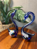 2 Vintage Art Glass Iridescent Cobalt Blue Swans Tall Swan  White Spots