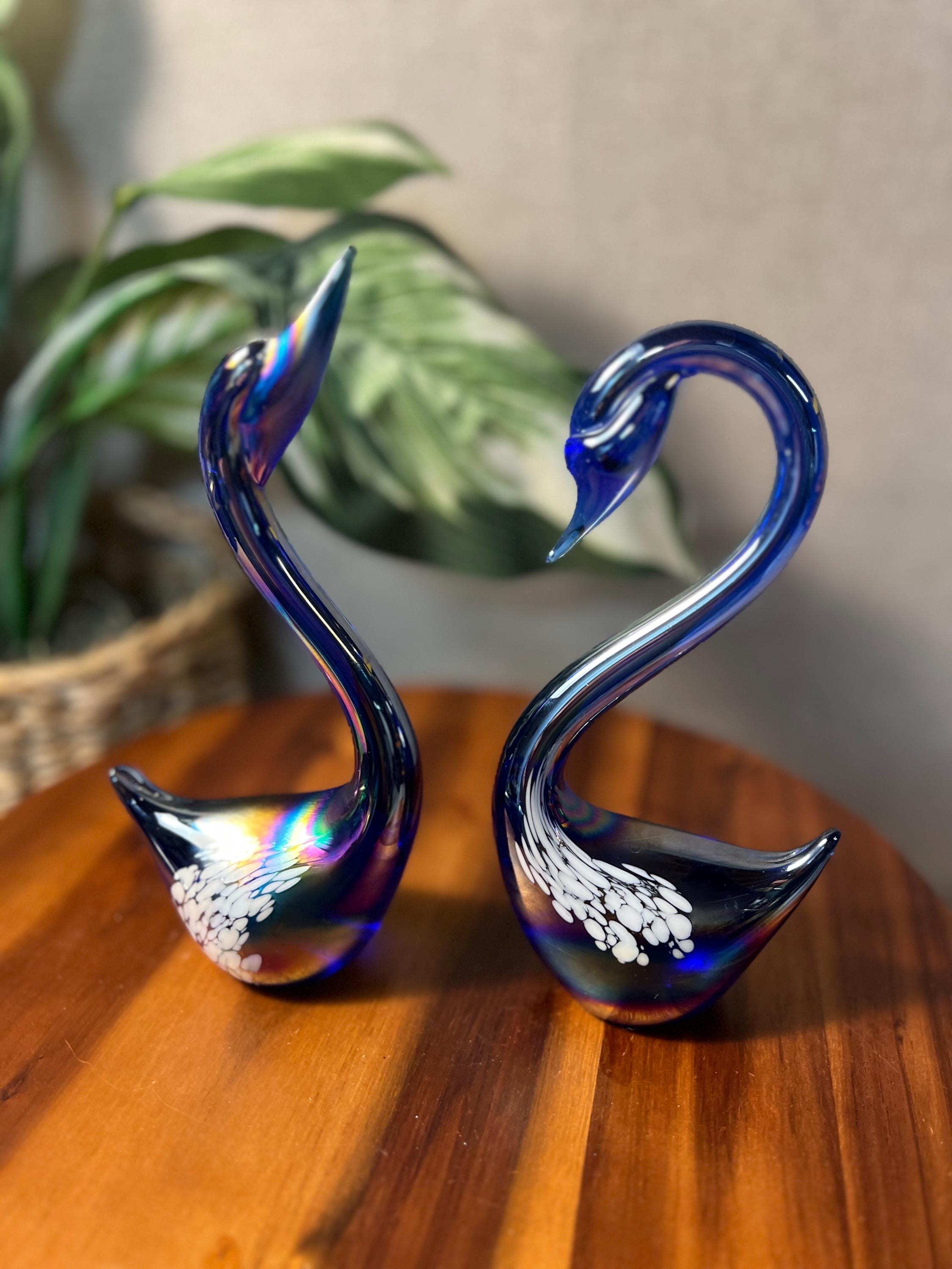 2 Vintage Art Glass Iridescent Cobalt Blue Swans Tall Swan  White Spots