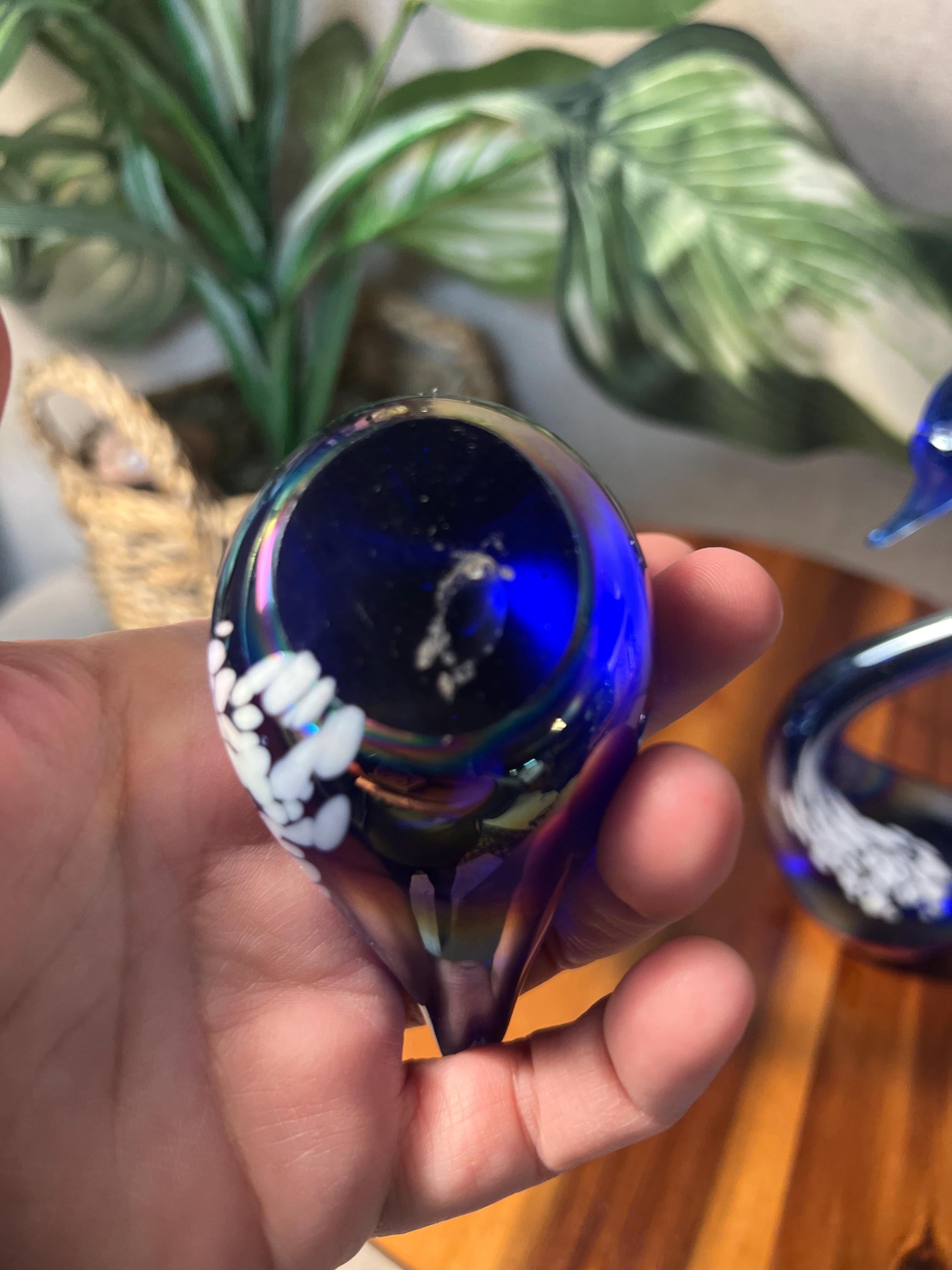 2 Vintage Art Glass Iridescent Cobalt Blue Swans Tall Swan  White Spots