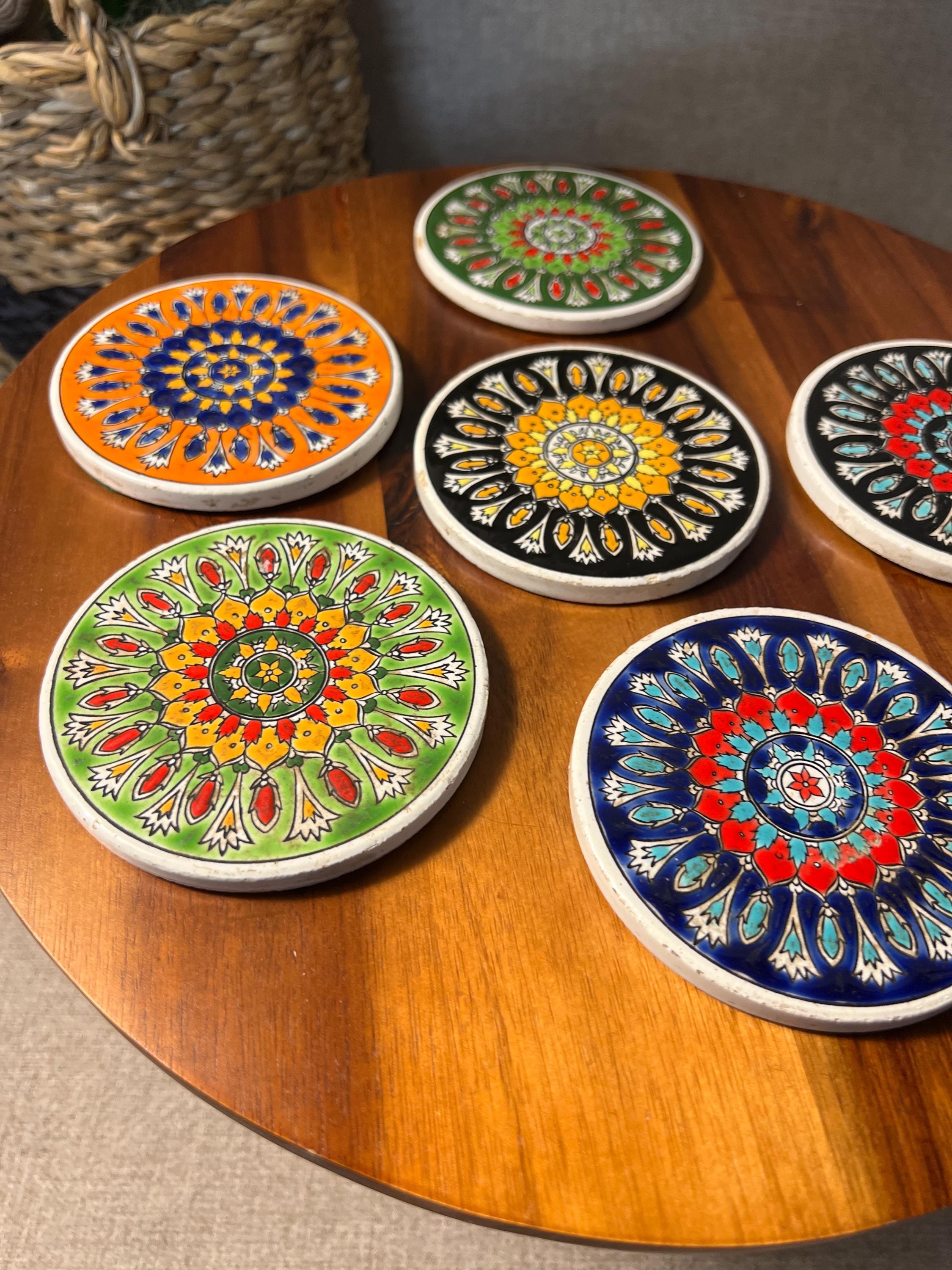 Vintage Set of 6 Colorful Ceramic Coasters Handmade in Greece 3.5 in