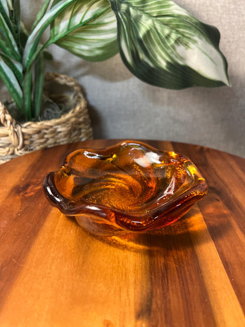Fenton Heavy Glass Trinket Dish, Amber Honey Swirl, Excellent