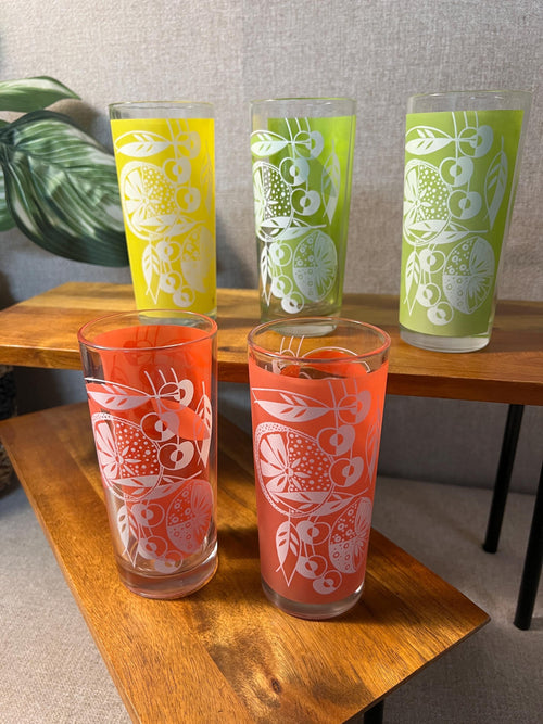 5 Vintage Bartlett Collins MCM Glass Tumblers Citrus Motif Bright Colors Lime Lemon Orange
